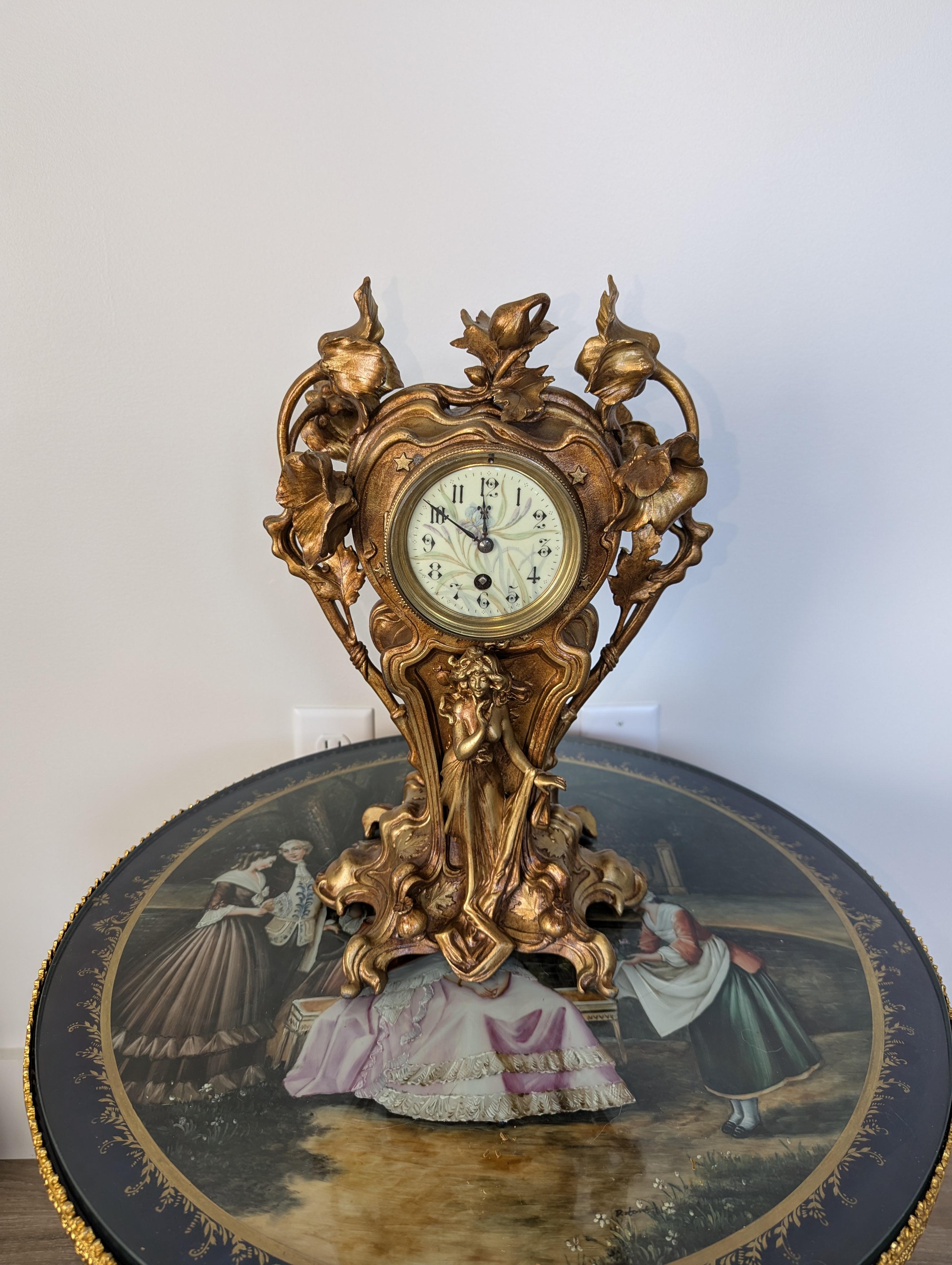Antique Gilted Bronze Art Nouveau Floral Figural Mantel Clock In Excellent Condition In New Milford, CT