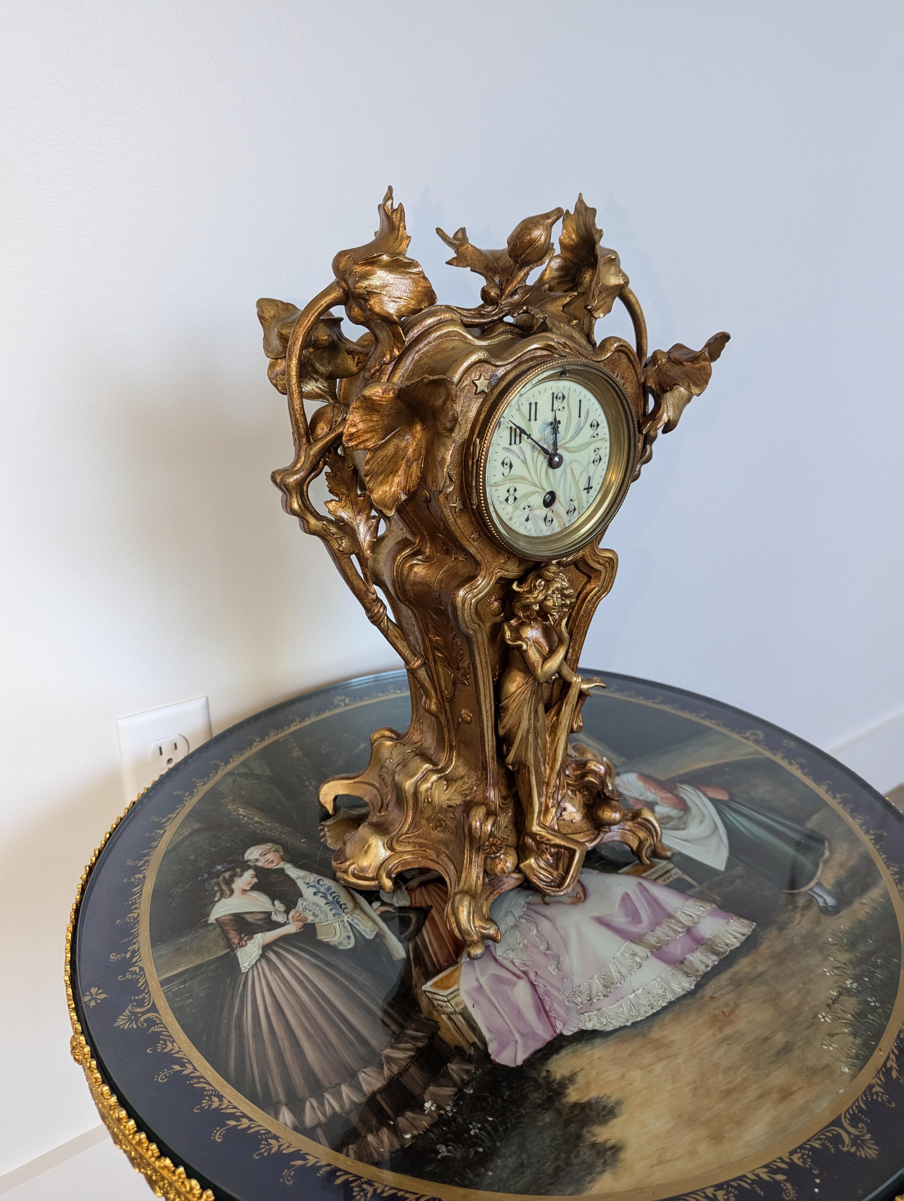 19th Century Antique Gilted Bronze Art Nouveau Floral Figural Mantel Clock