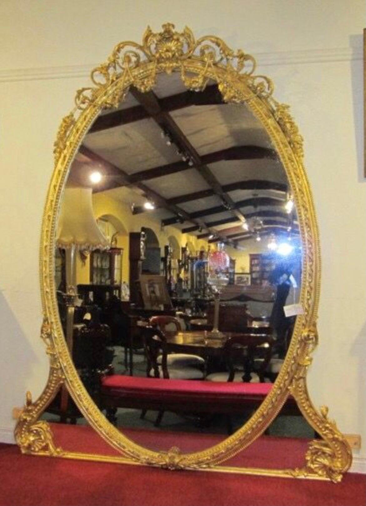 Antique Giltwood 19th Overmantel/Console Oval Mirror For Sale 2