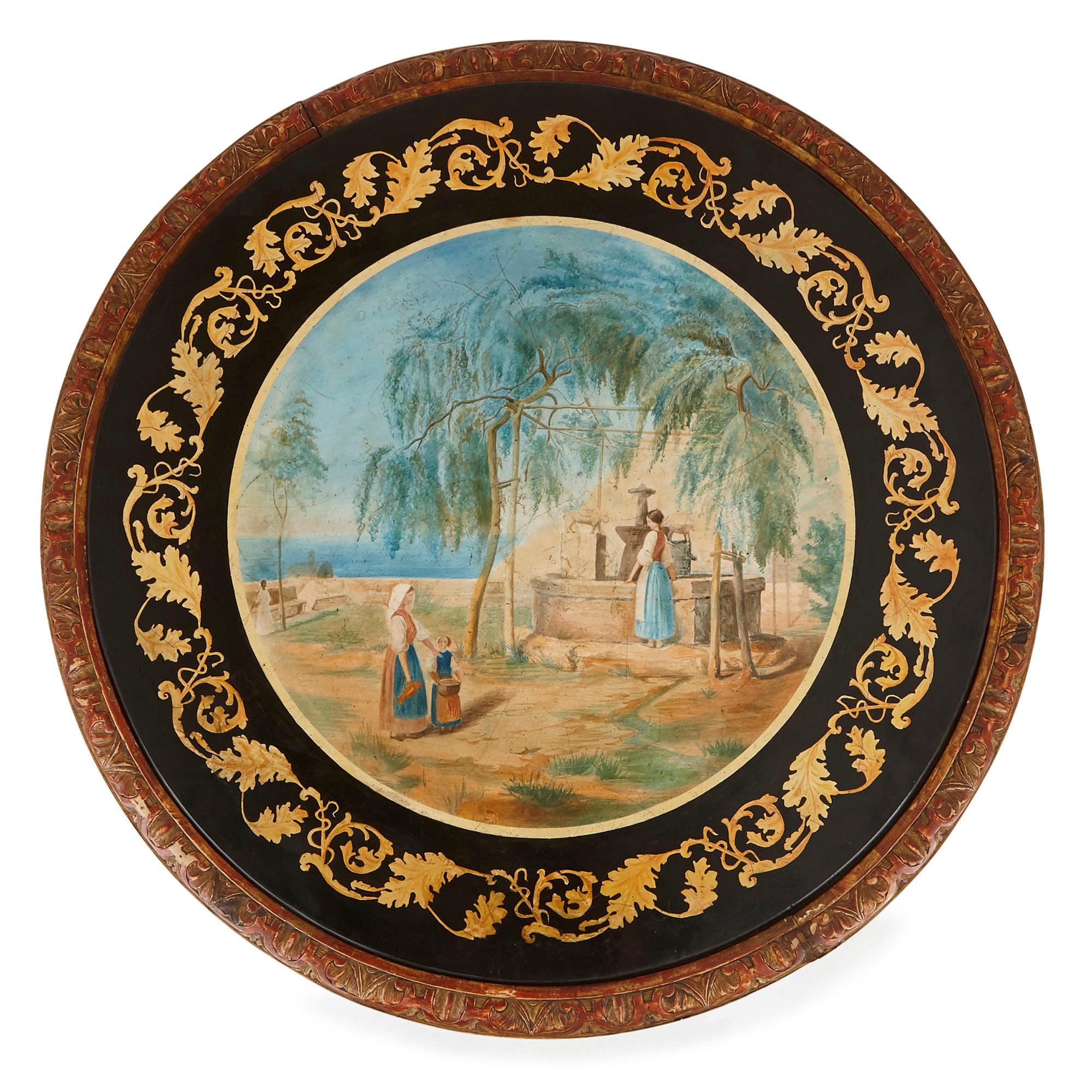 Cette merveilleuse table est conçue d'après les célèbres frères Della Valle (Italie, milieu du XIXe siècle). Les frères étaient des artisans exceptionnellement habiles, spécialisés dans la production de meubles en scagliola (imitation de marbre).