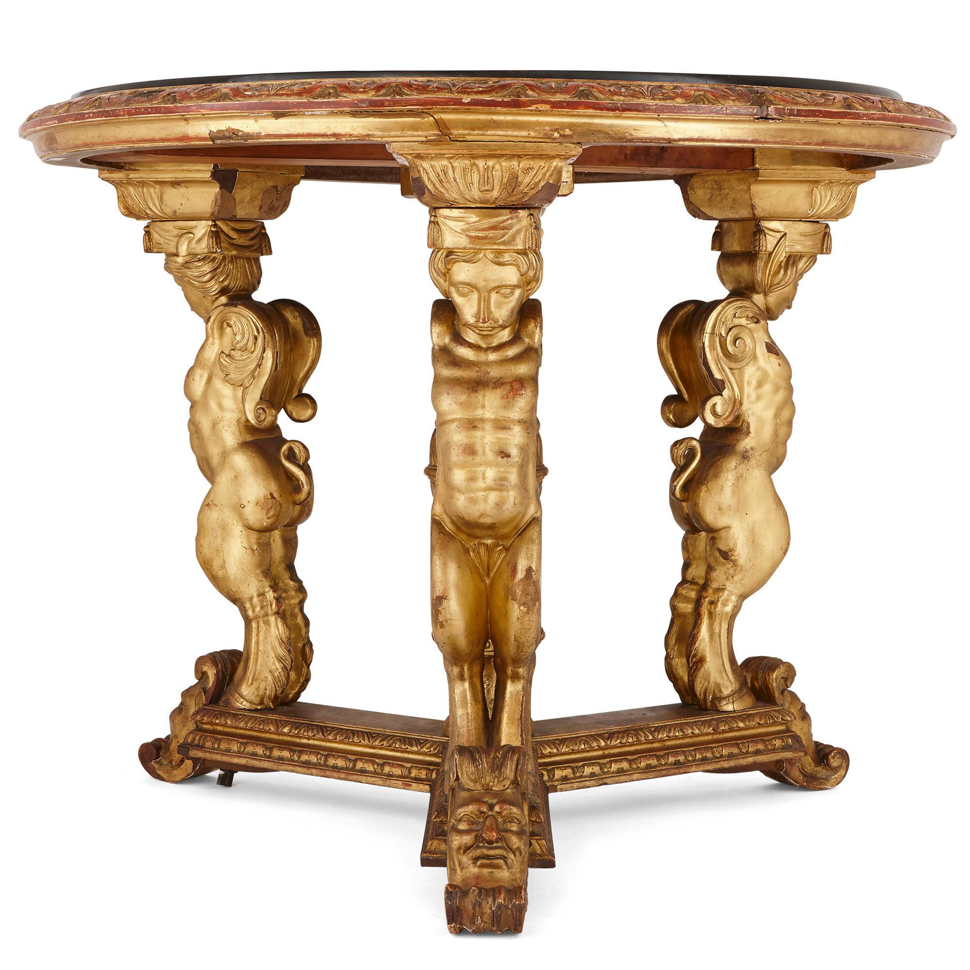 Renaissance Table circulaire ancienne en bois doré et Scagliola, d'après Della Valle Brothers en vente