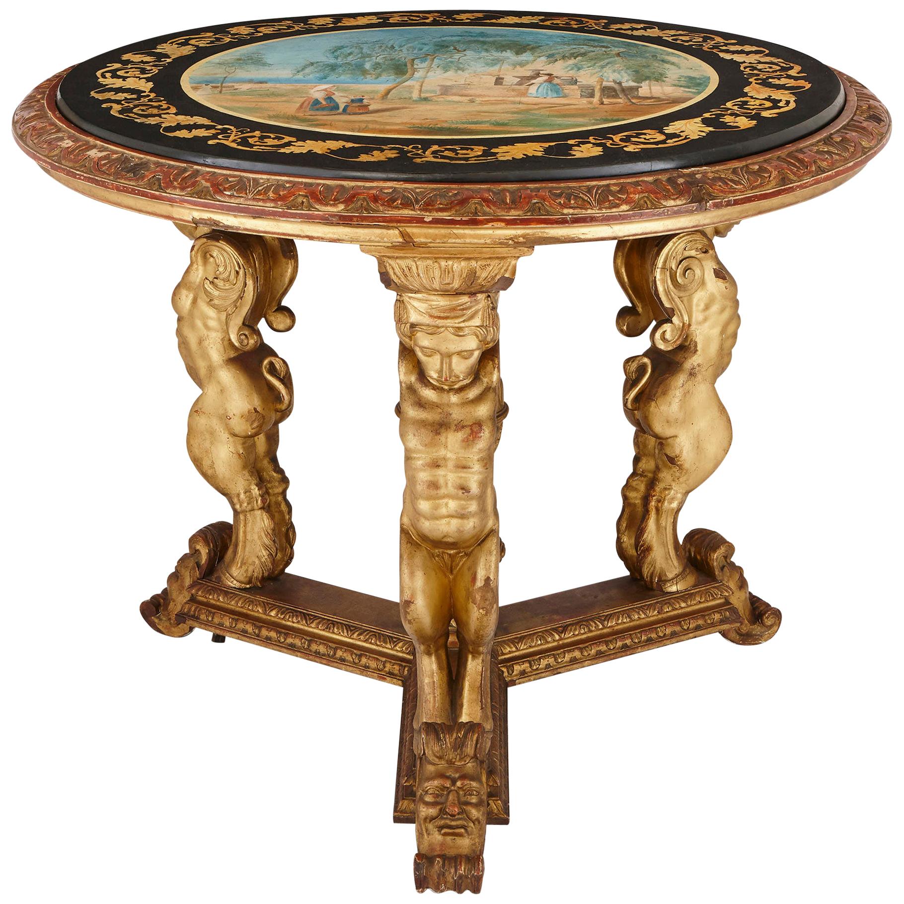 Table circulaire ancienne en bois doré et Scagliola, d'après Della Valle Brothers en vente
