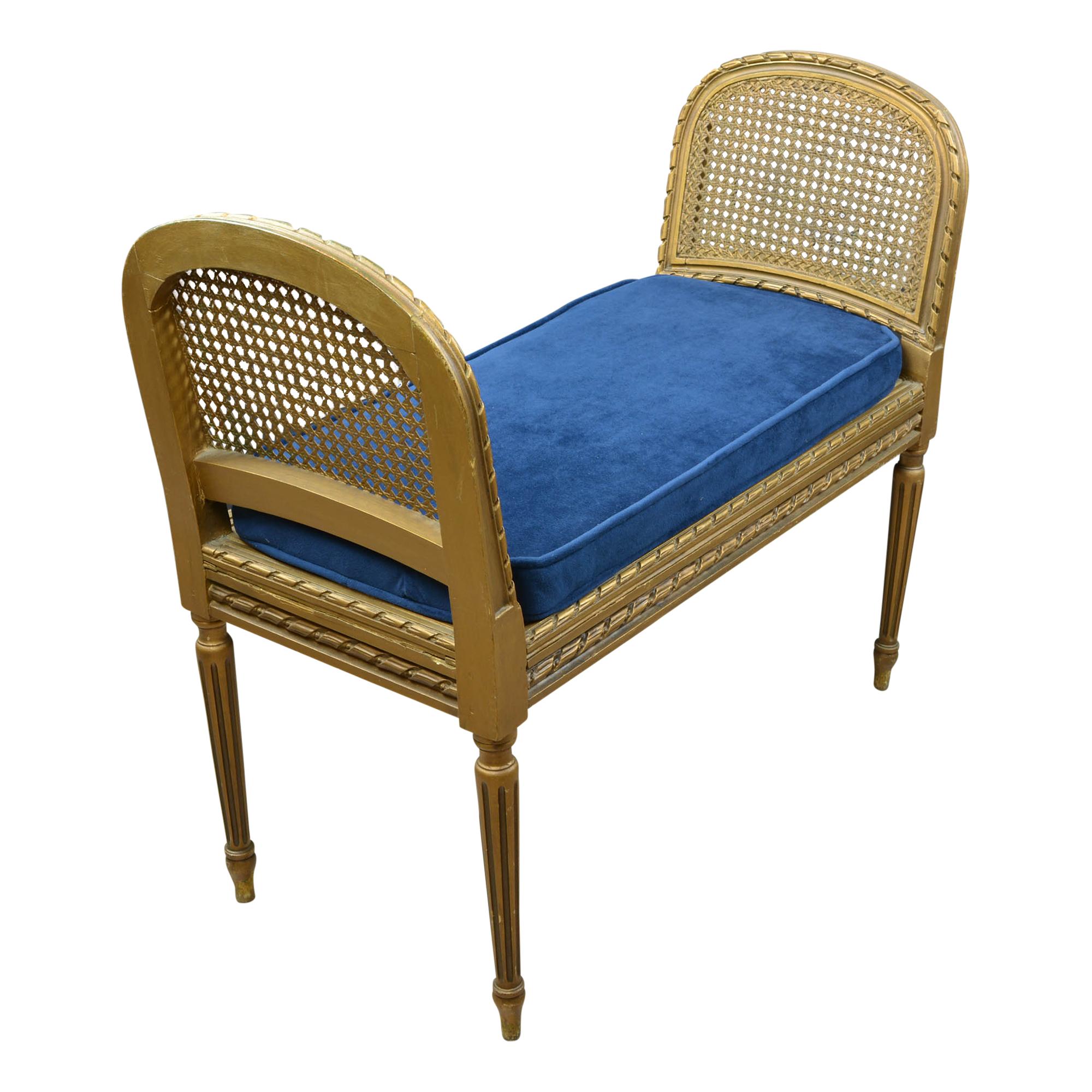 Victorian Antique Giltwood Caned Seat Raised Sides Bench Blue Velvet Cushion For Sale