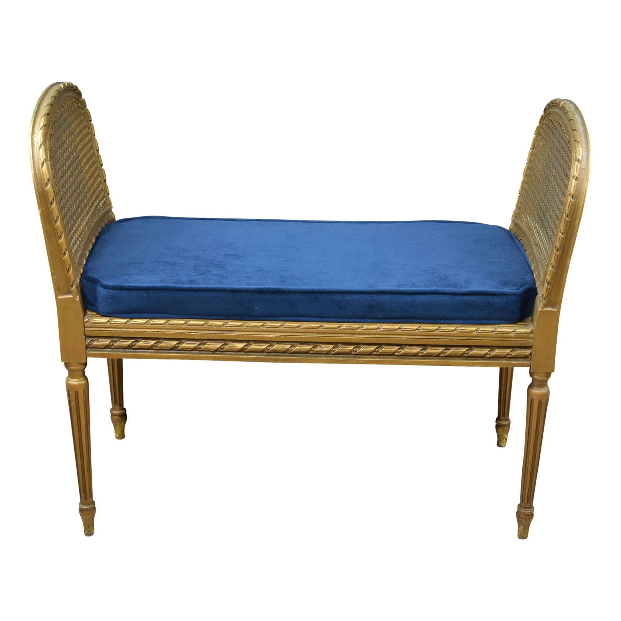 European Antique Giltwood Caned Seat Raised Sides Bench Blue Velvet Cushion For Sale