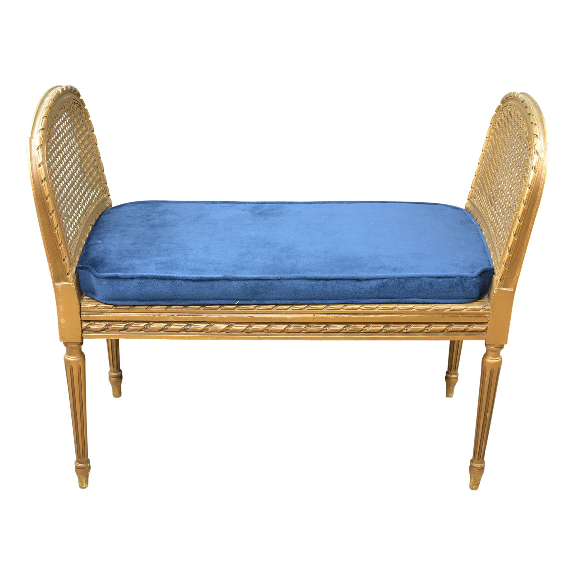 Antique Giltwood Caned Seat Raised Sides Bench Blue Velvet Cushion In Good Condition For Sale In Pataskala, OH