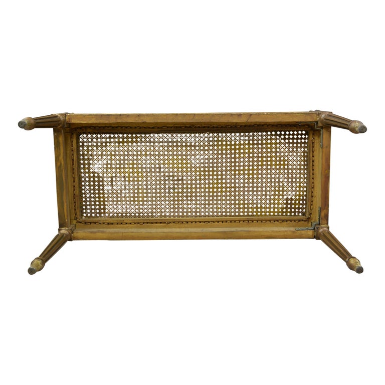 Antique Giltwood Caned Seat Raised Sides Bench Blue Velvet