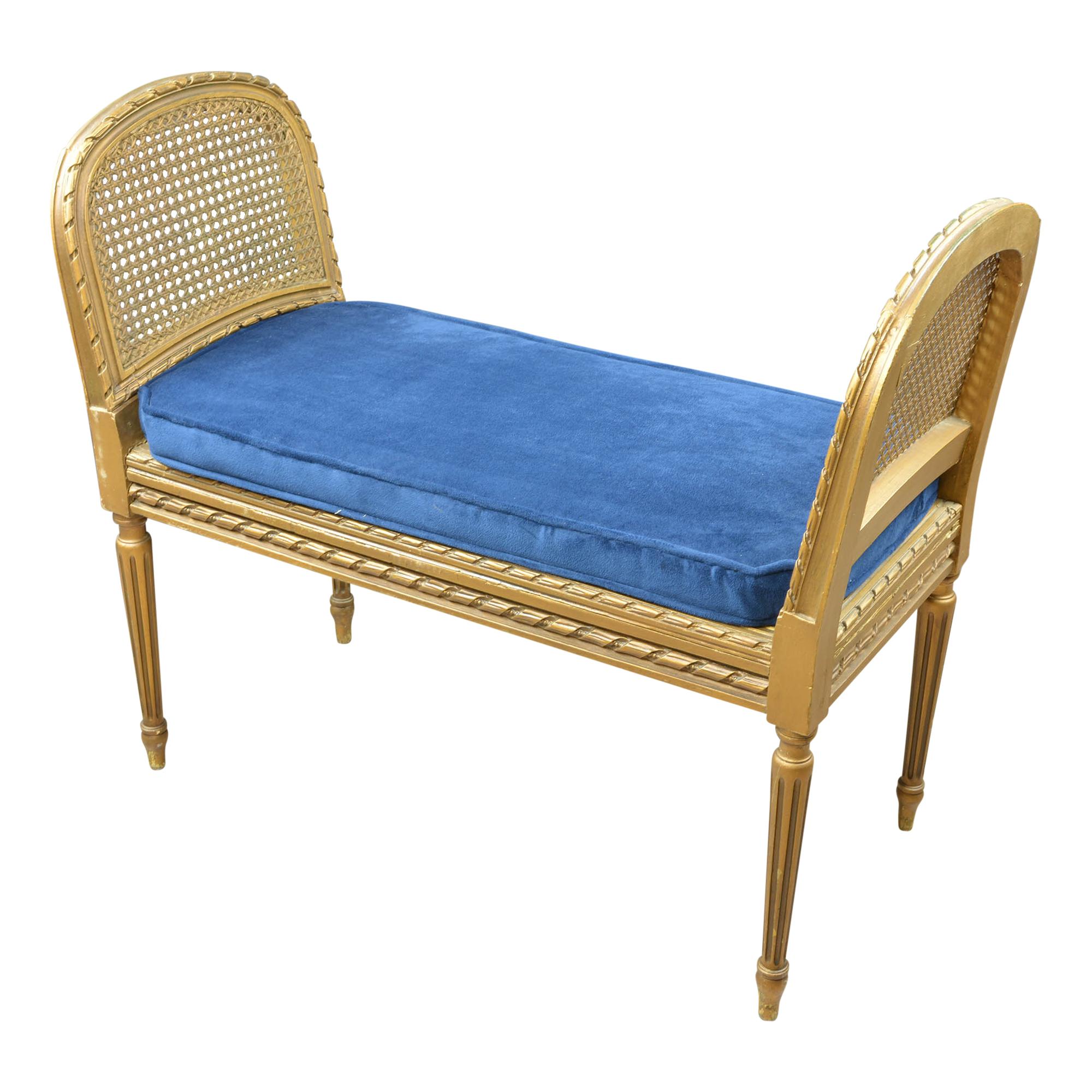 Antique Giltwood Caned Seat Raised Sides Bench Blue Velvet Cushion For Sale