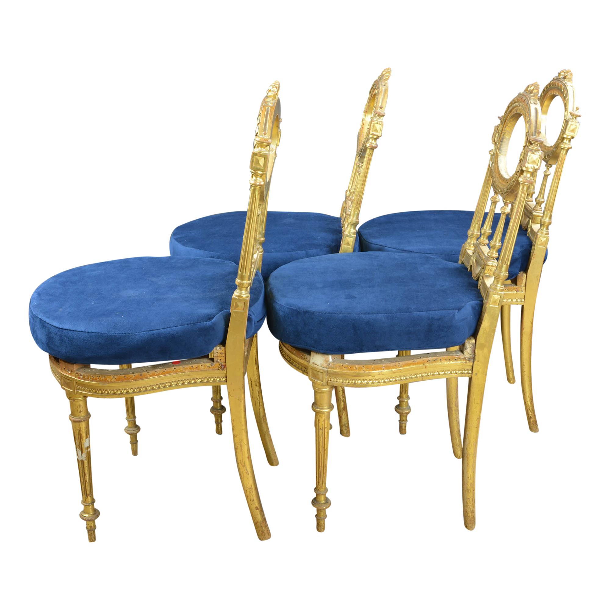 Louis XVI Antique Giltwood Chairs with Blue Velvet Cushions Set of 4 For Sale