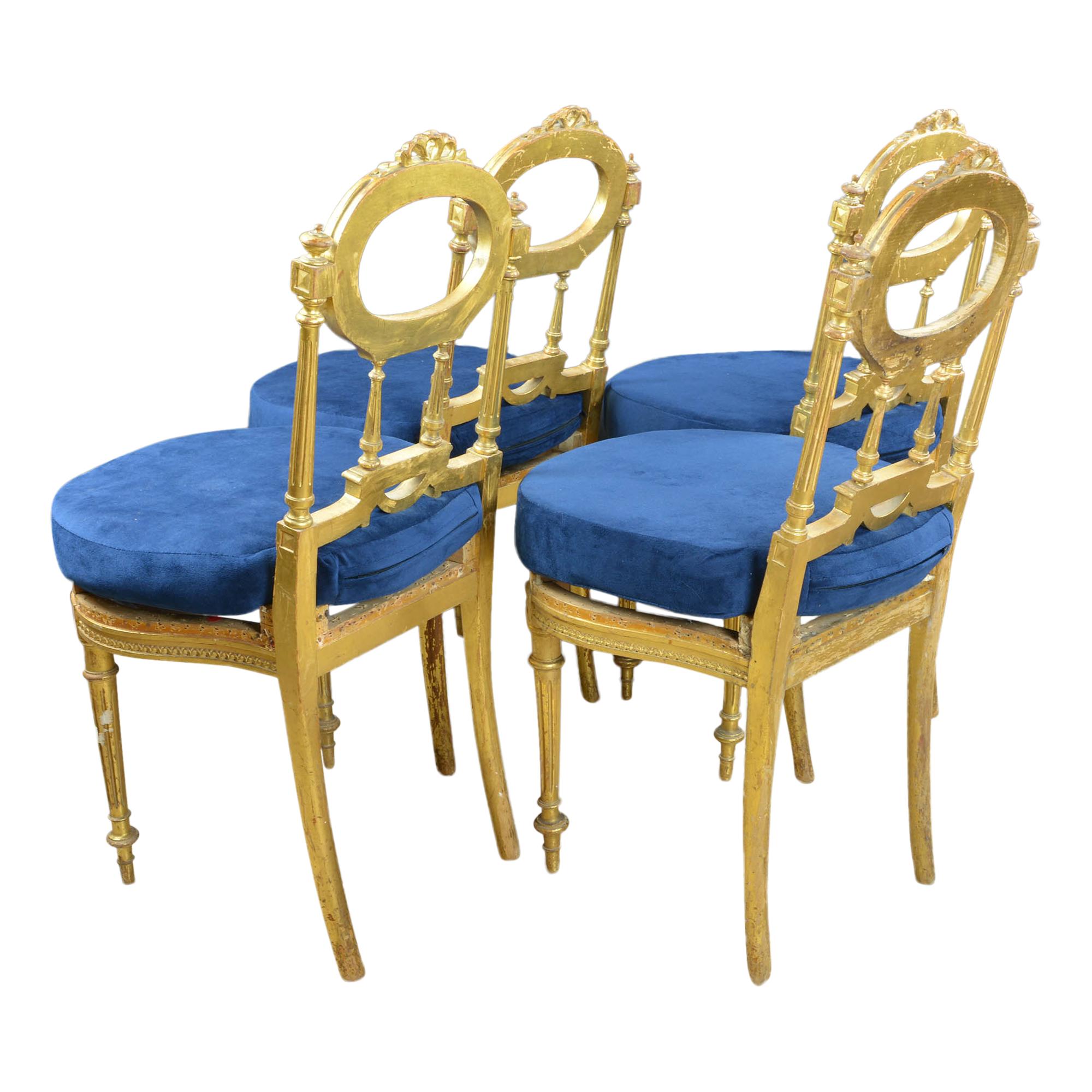 French Antique Giltwood Chairs with Blue Velvet Cushions Set of 4 For Sale