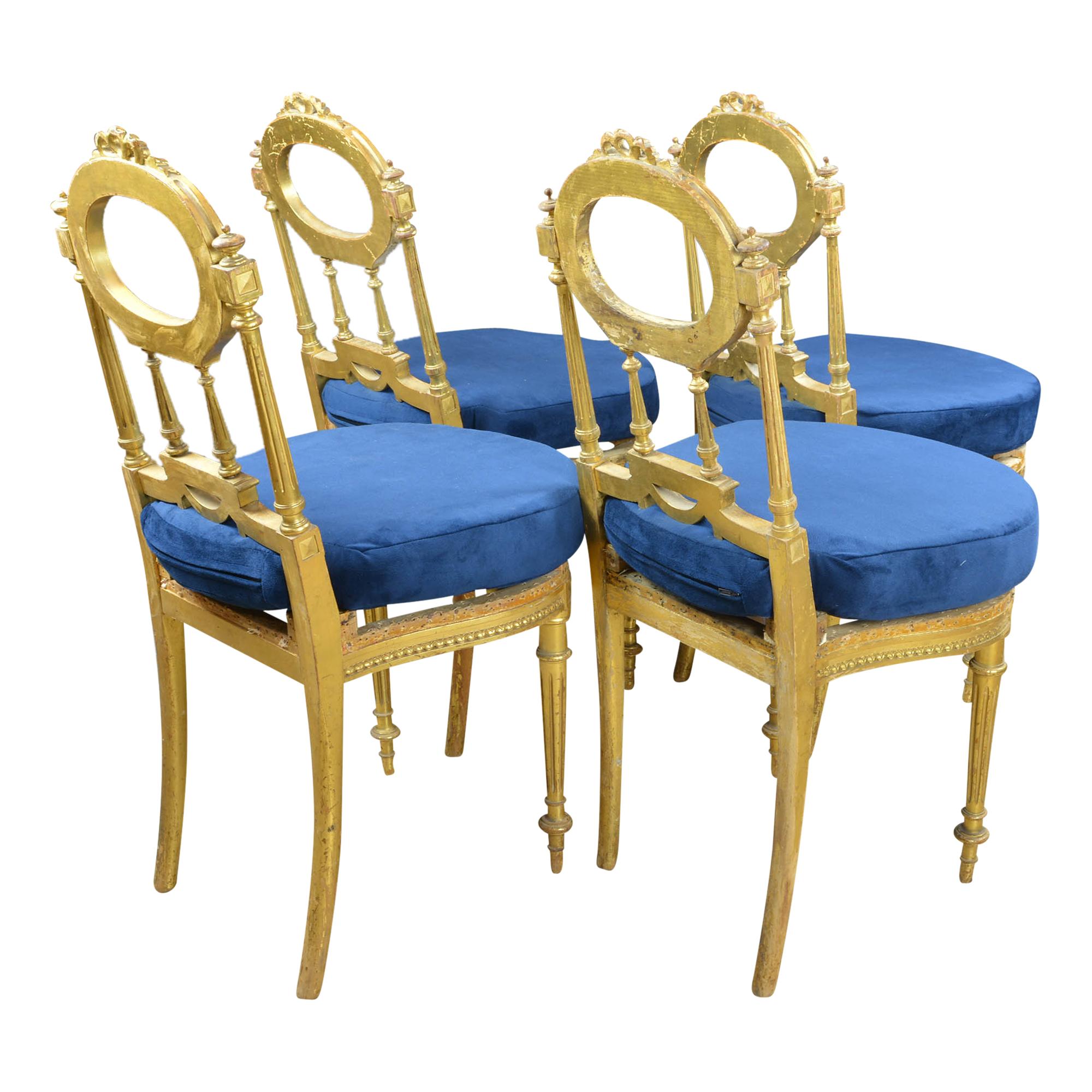 19th Century Antique Giltwood Chairs with Blue Velvet Cushions Set of 4 For Sale