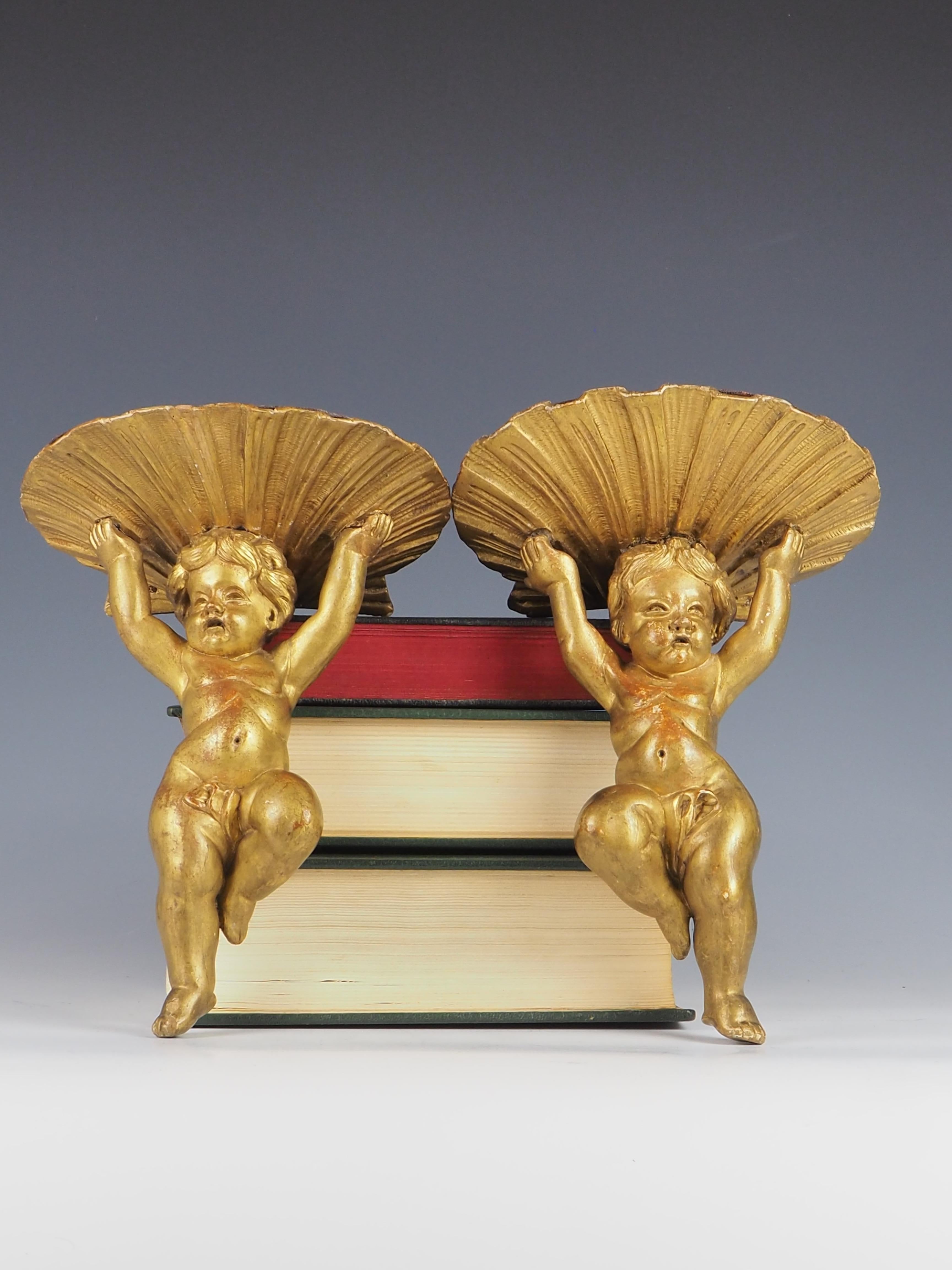 19th Century Antique Giltwood Cherub and Clamshell Wall Shelves (Pair) For Sale