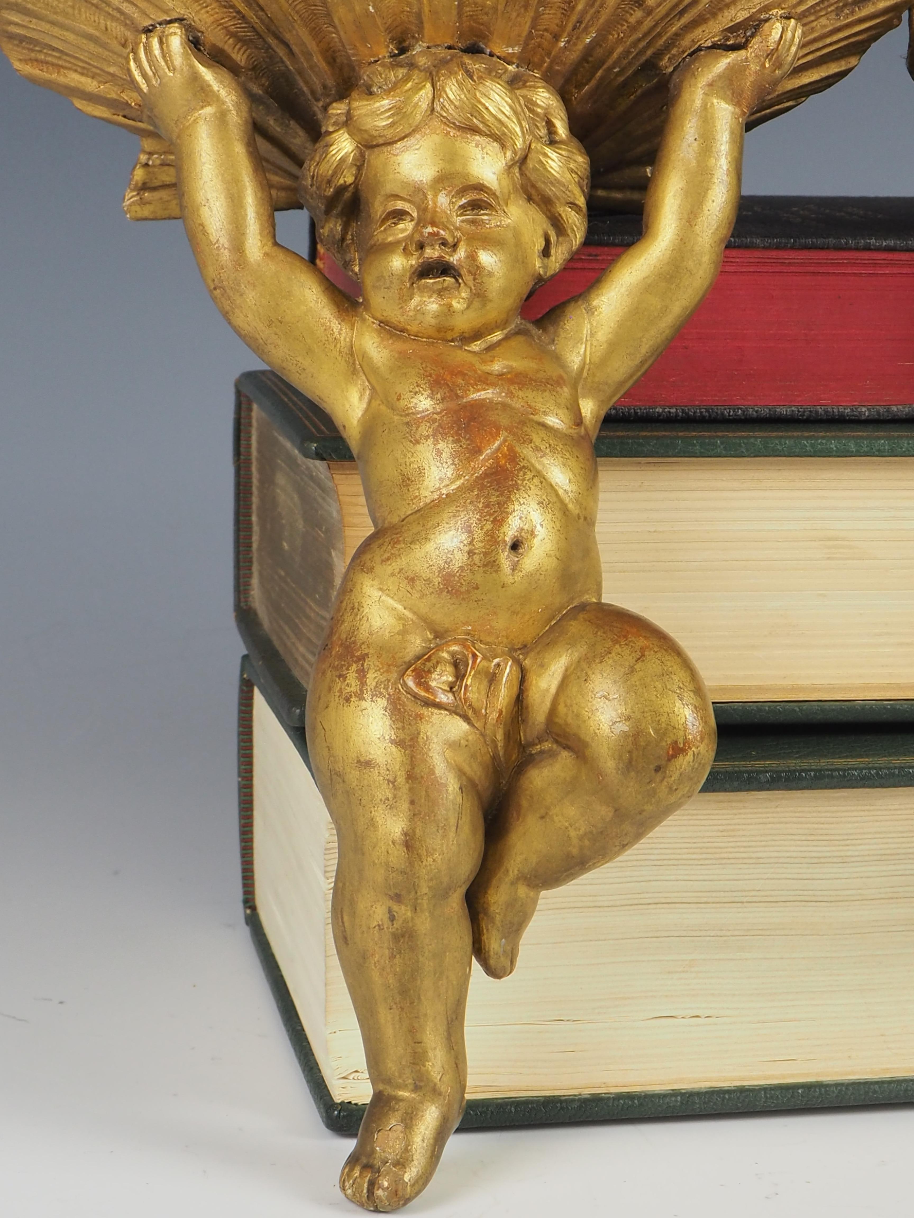 Antique Giltwood Cherub and Clamshell Wall Shelves (Pair) For Sale 2