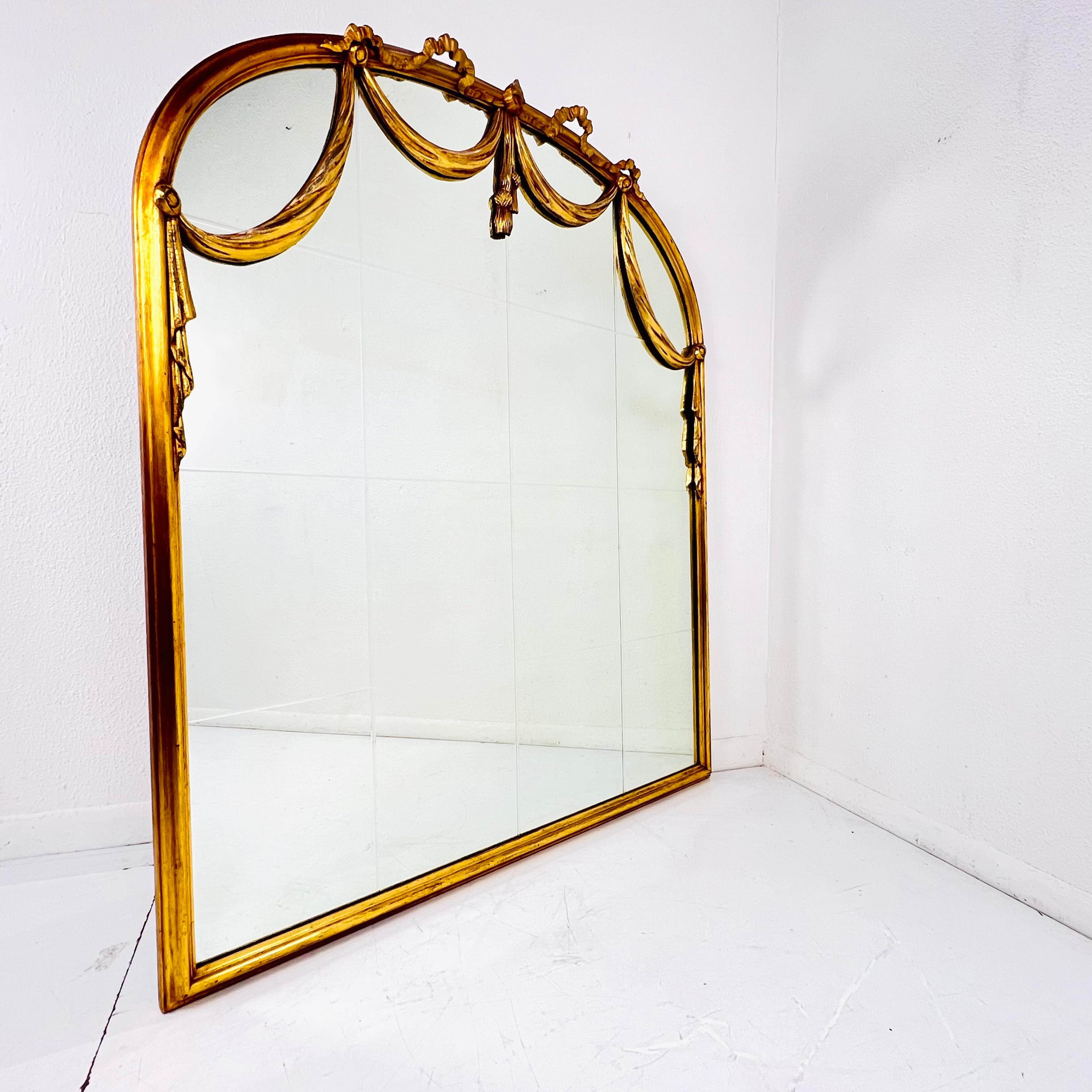 Hollywood Regency Antique Giltwood Draped Swag & Ribbon Windowpane Mirror For Sale
