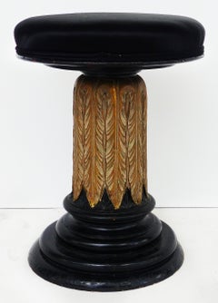 Antique Giltwood Ebonized Piano Stool with Velvet Upholstered Seat