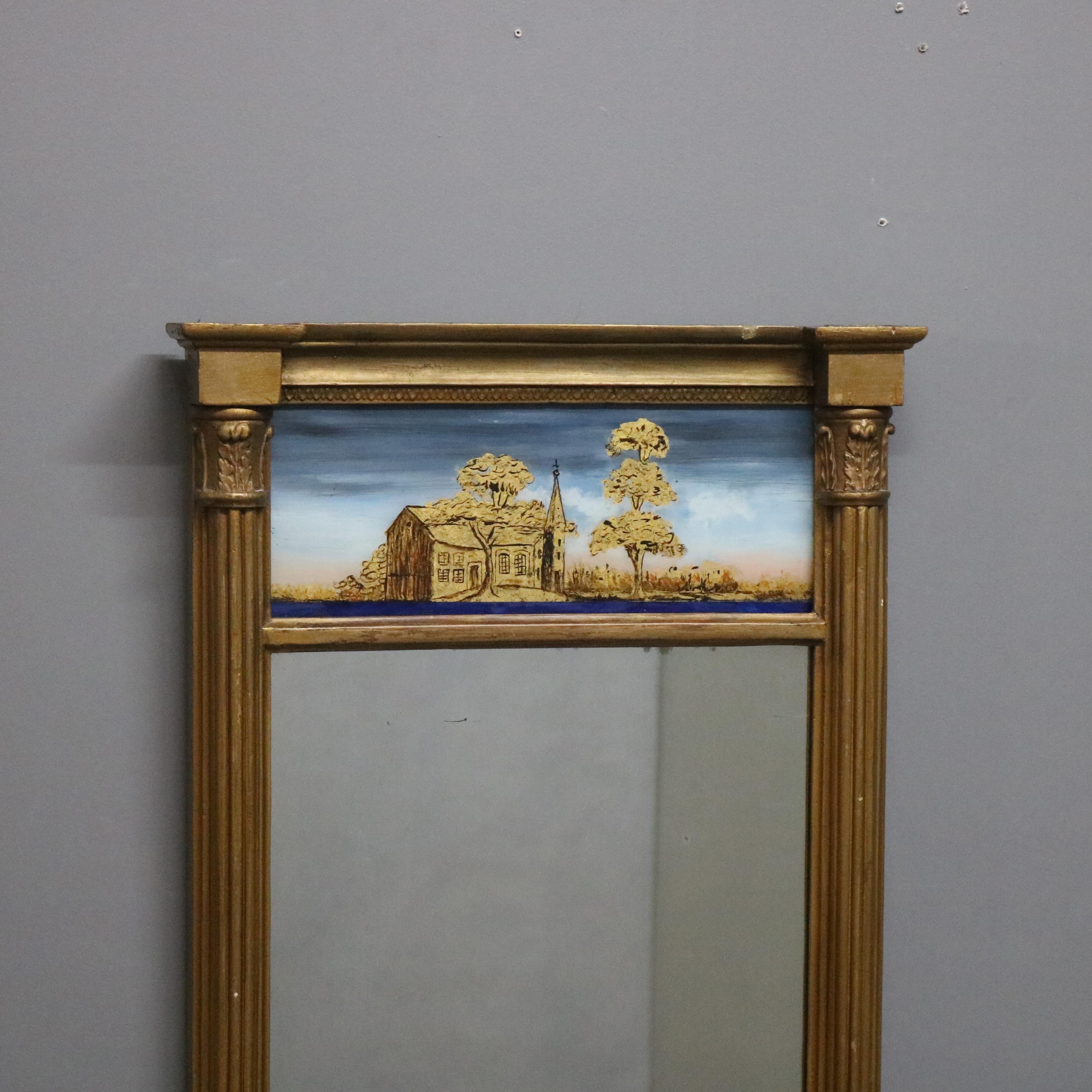 Antique Giltwood Eglomise Wall Mirror, Reverse Painted Countryside Church's, c1890 Bon état - En vente à Big Flats, NY