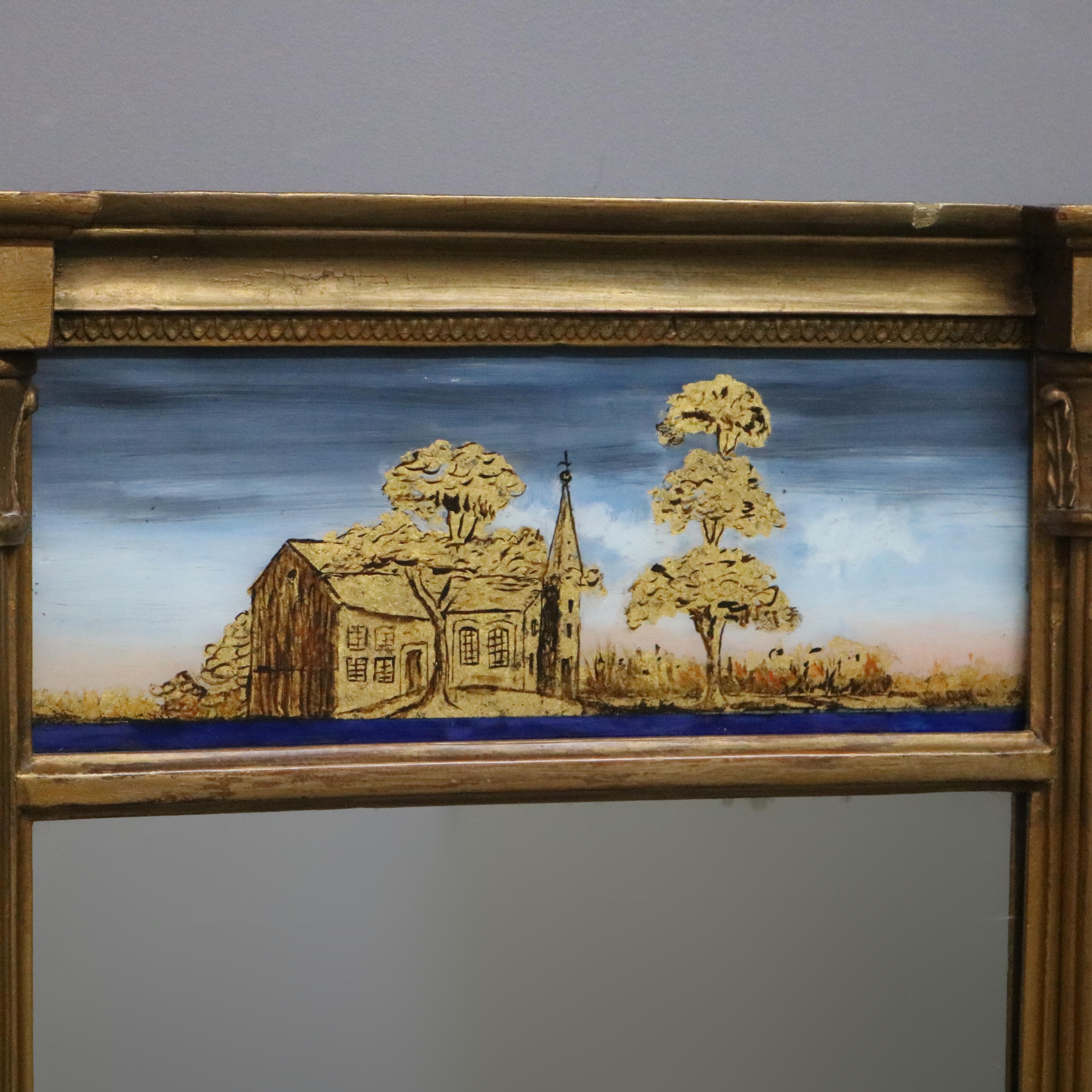 Antique Giltwood Eglomise Wall Mirror, Reverse Painted Countryside Church, c1890 In Good Condition For Sale In Big Flats, NY