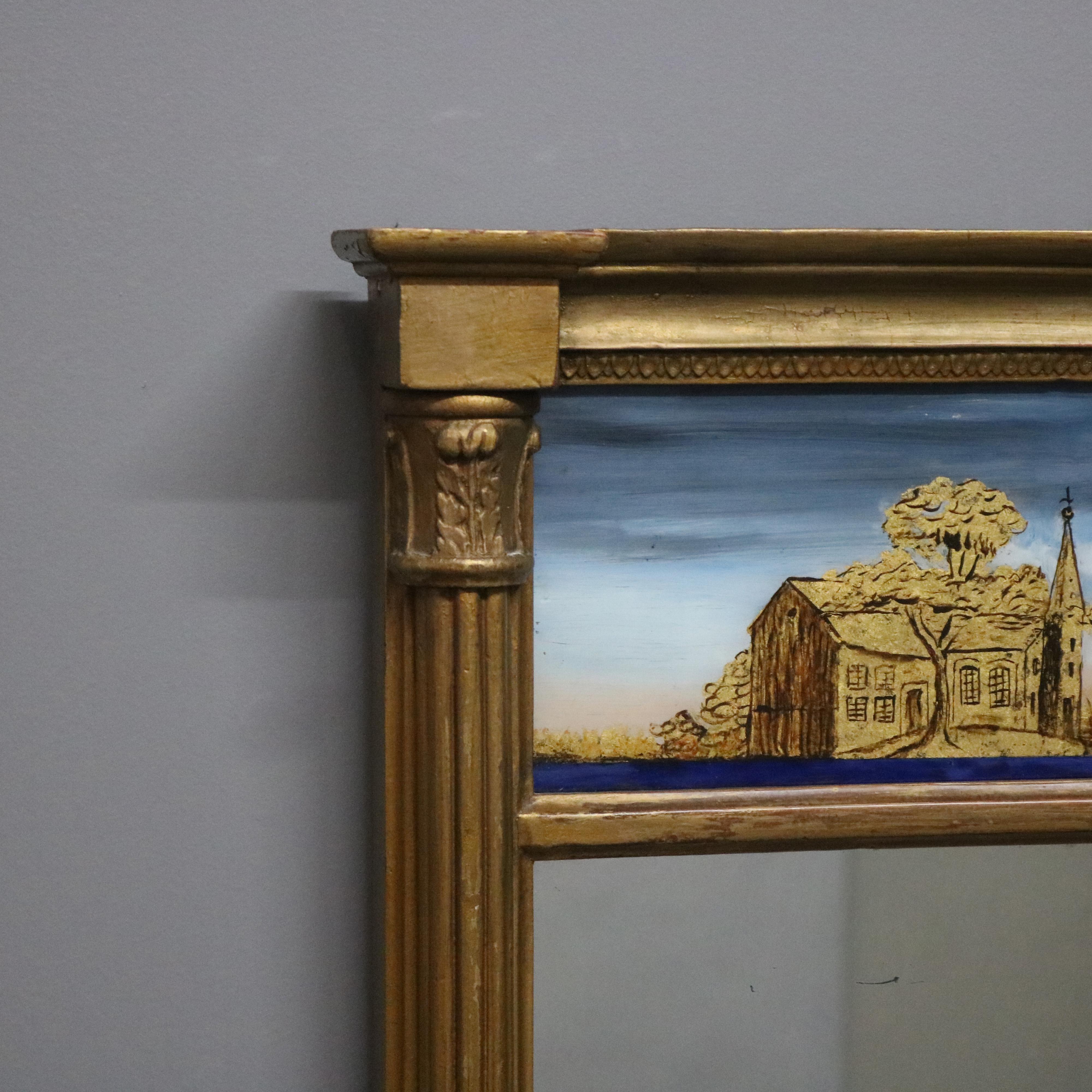 19th Century Antique Giltwood Eglomise Wall Mirror, Reverse Painted Countryside Church, c1890 For Sale