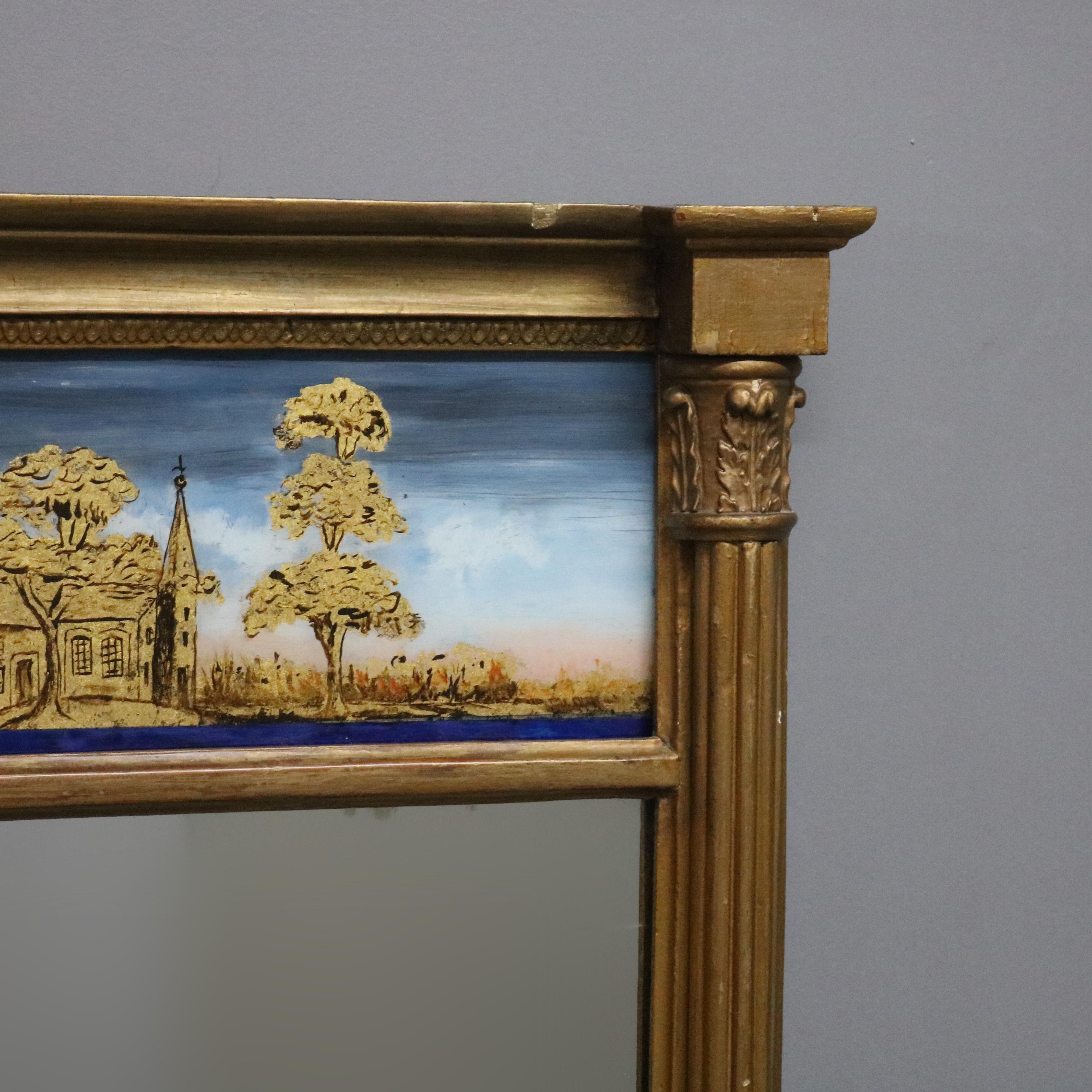 Antique Giltwood Eglomise Wall Mirror, Reverse Painted Countryside Church, c1890 For Sale 1