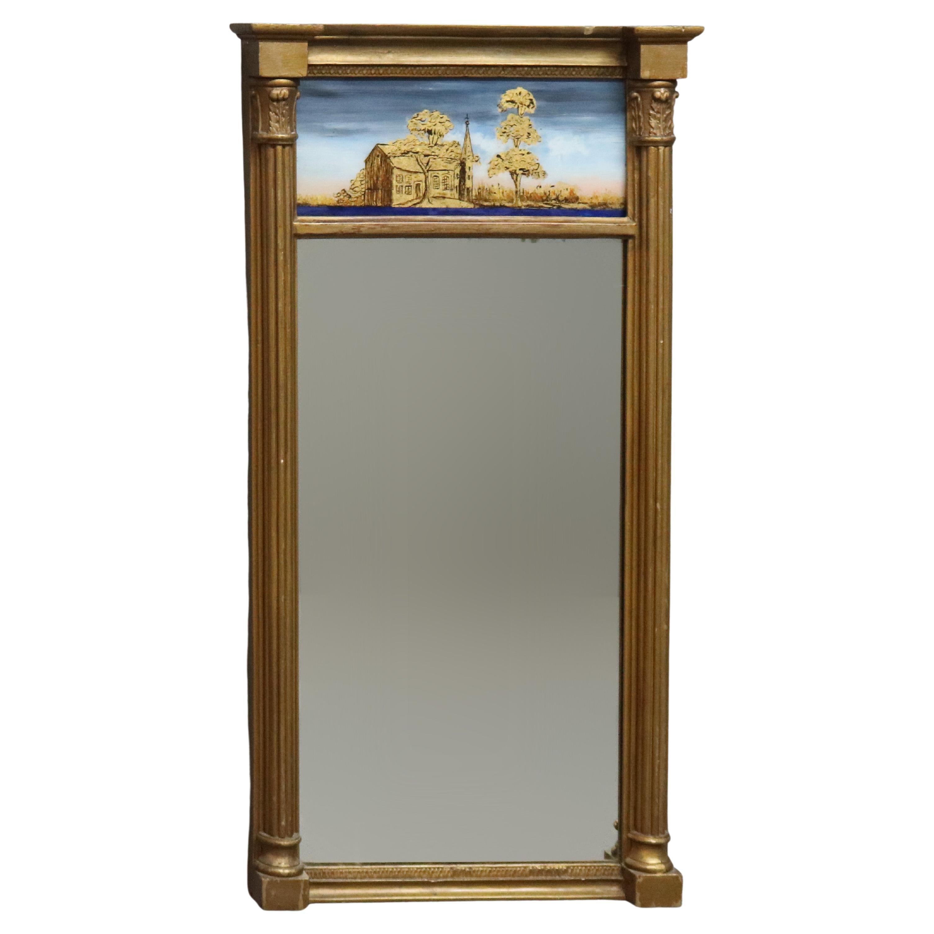 Antique Giltwood Eglomise Wall Mirror, Reverse Painted Countryside Church, c1890 For Sale
