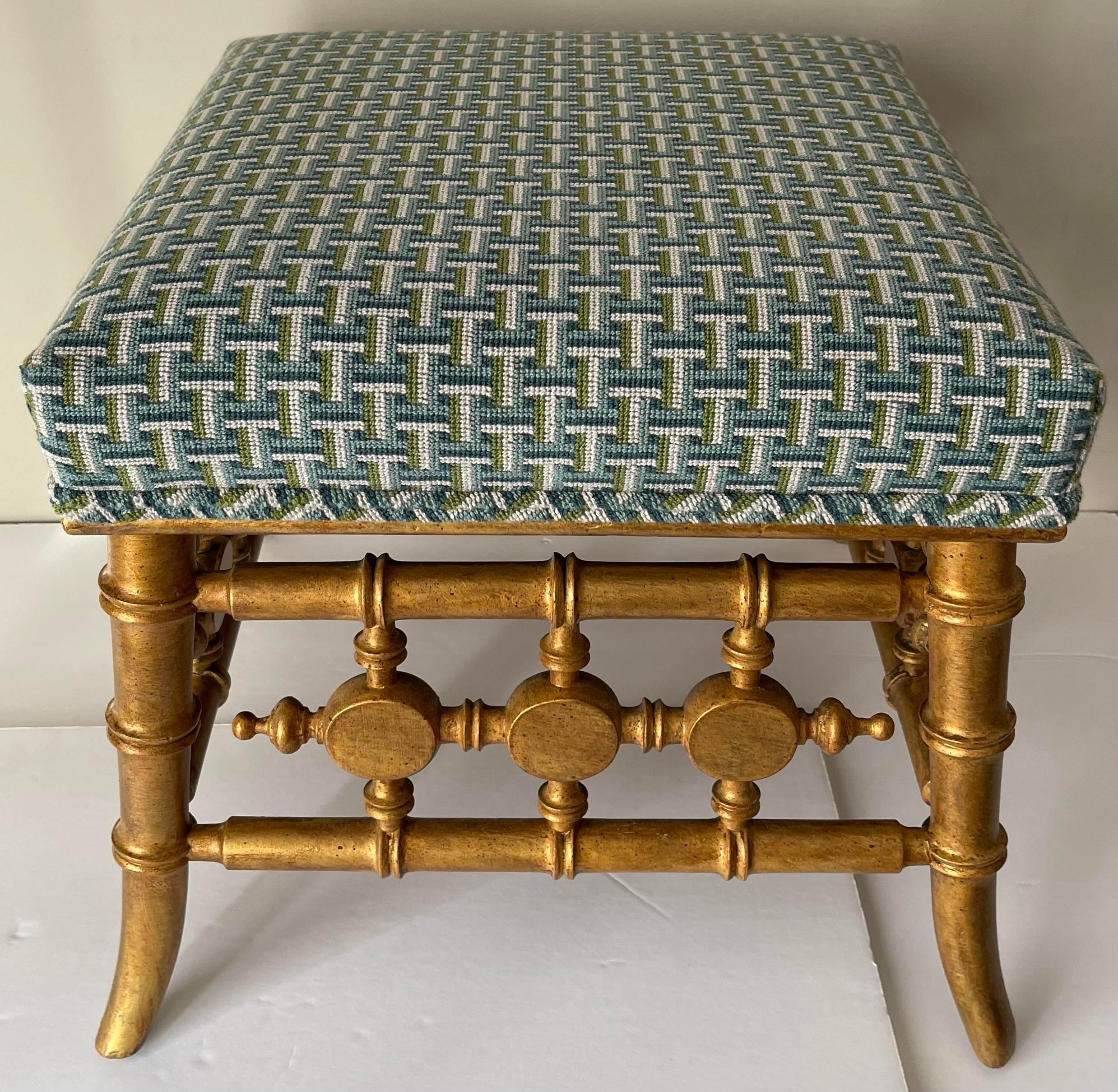 Victorian Antique Giltwood Faux Bamboo Stool Newly Upholstered For Sale
