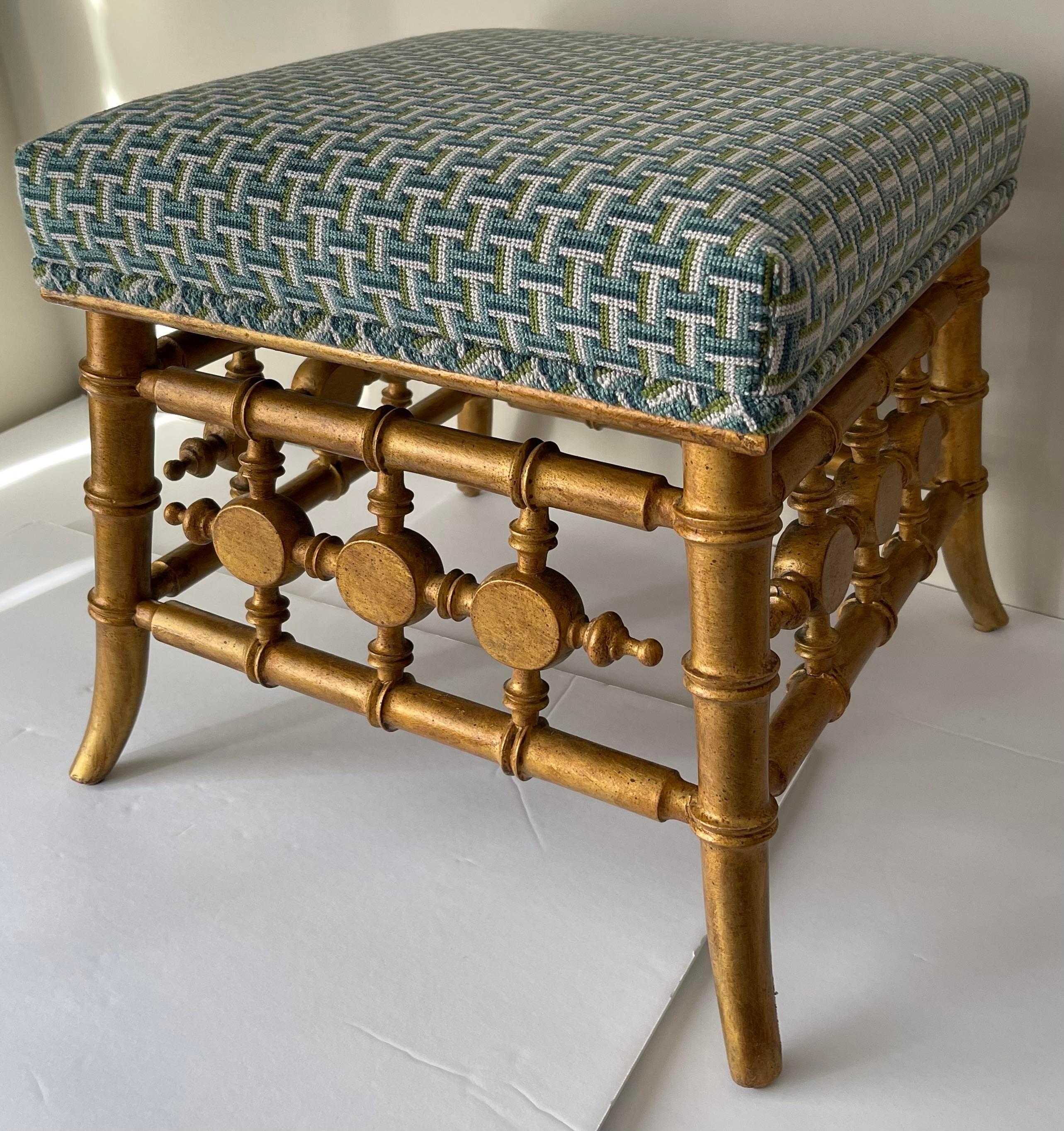 American Antique Giltwood Faux Bamboo Stool Newly Upholstered For Sale