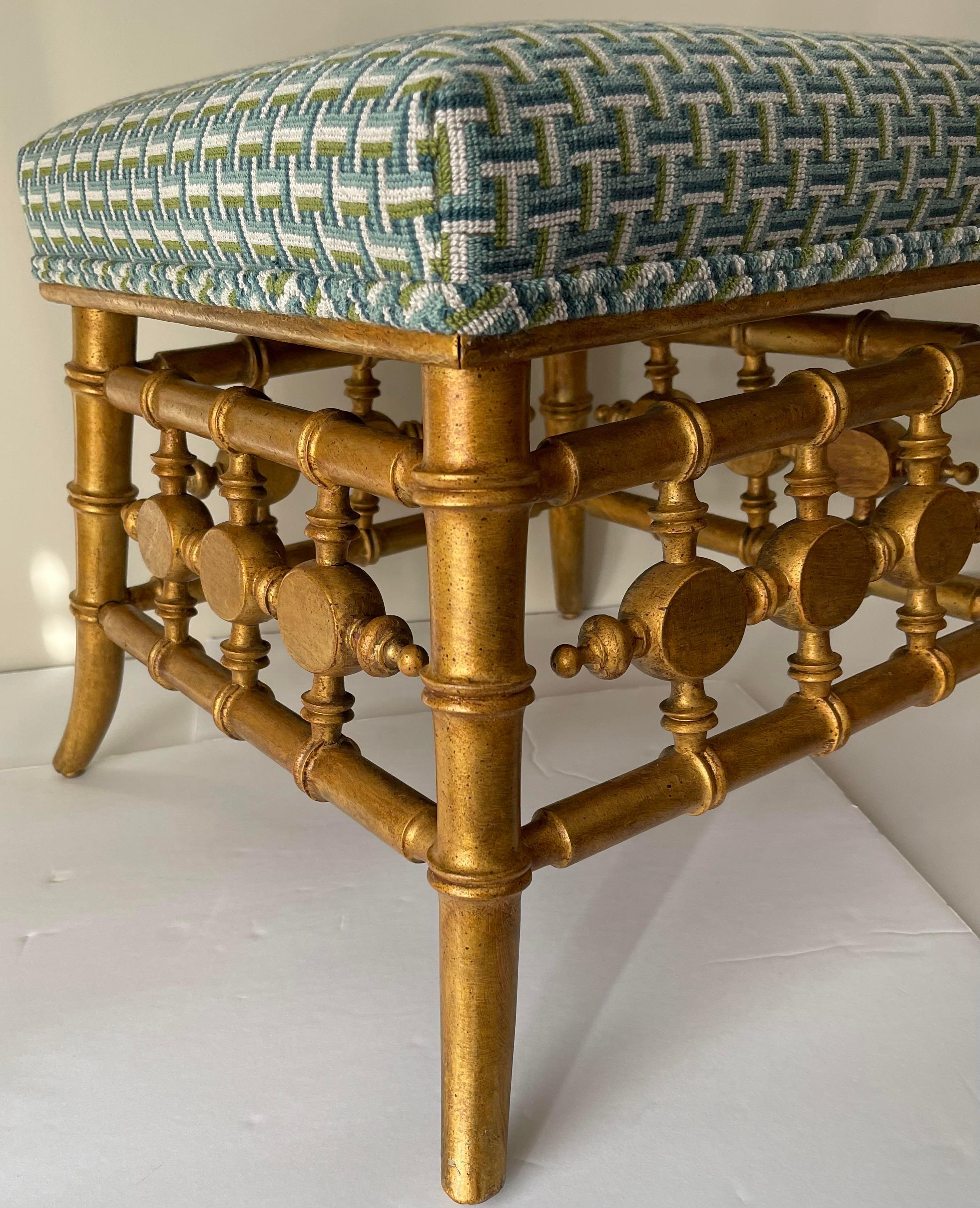 Antique Giltwood Faux Bamboo Stool Newly Upholstered In Good Condition For Sale In Stamford, CT