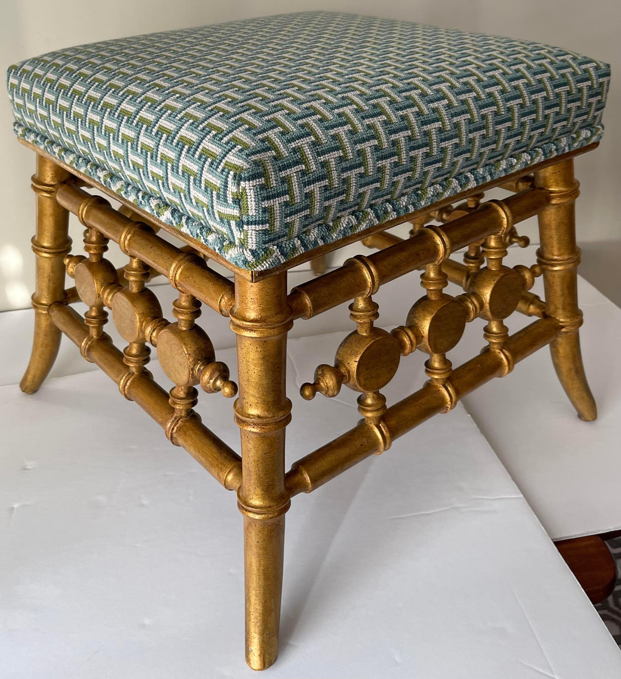 19th Century Antique Giltwood Faux Bamboo Stool Newly Upholstered For Sale