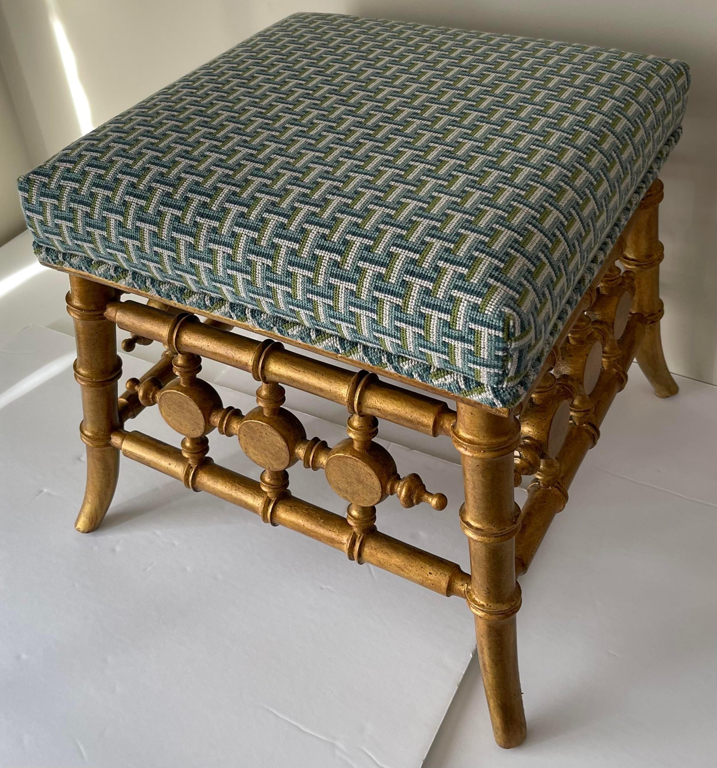 Antique Giltwood Faux Bamboo Stool Newly Upholstered For Sale 1