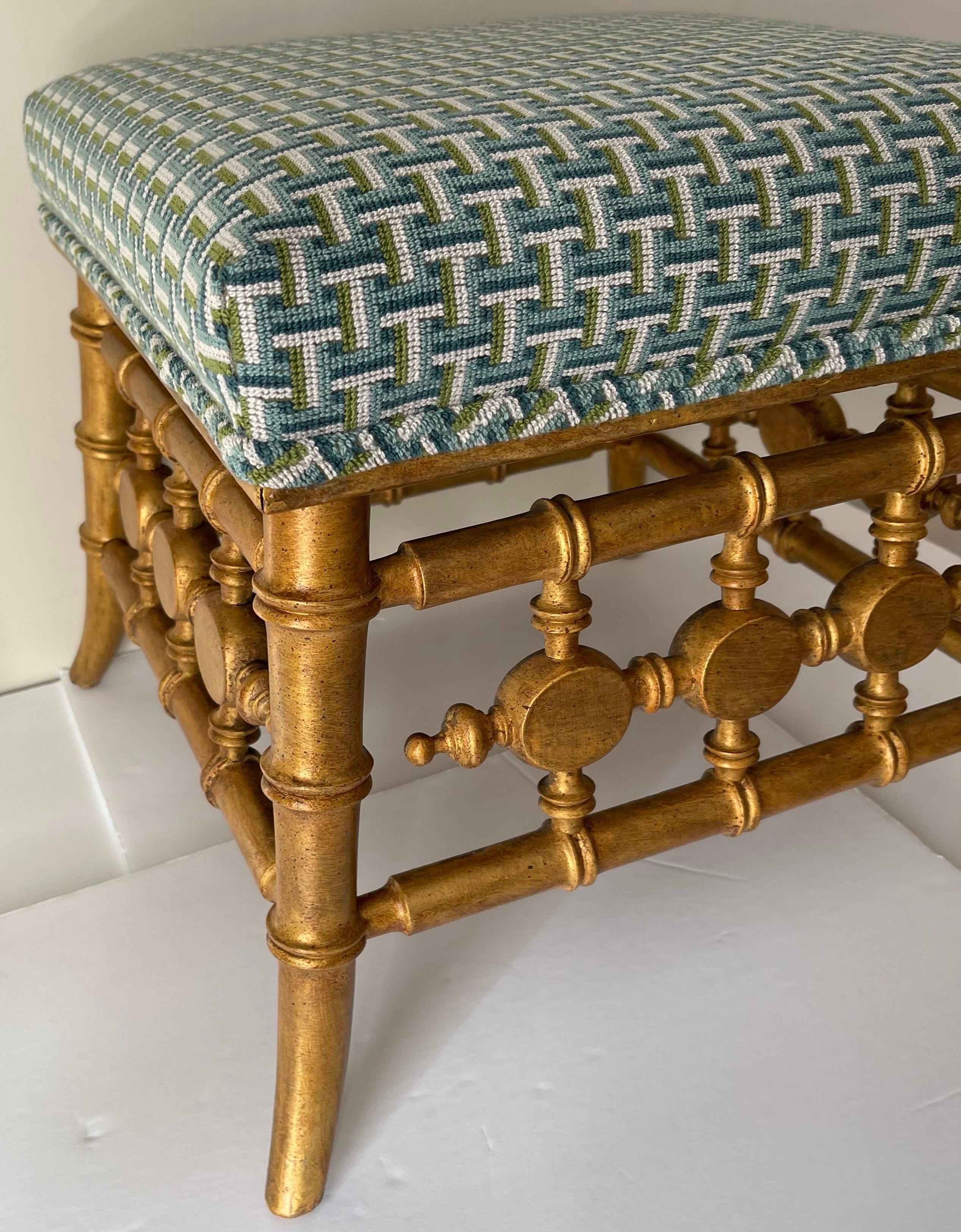 Antique Giltwood Faux Bamboo Stool Newly Upholstered For Sale 2