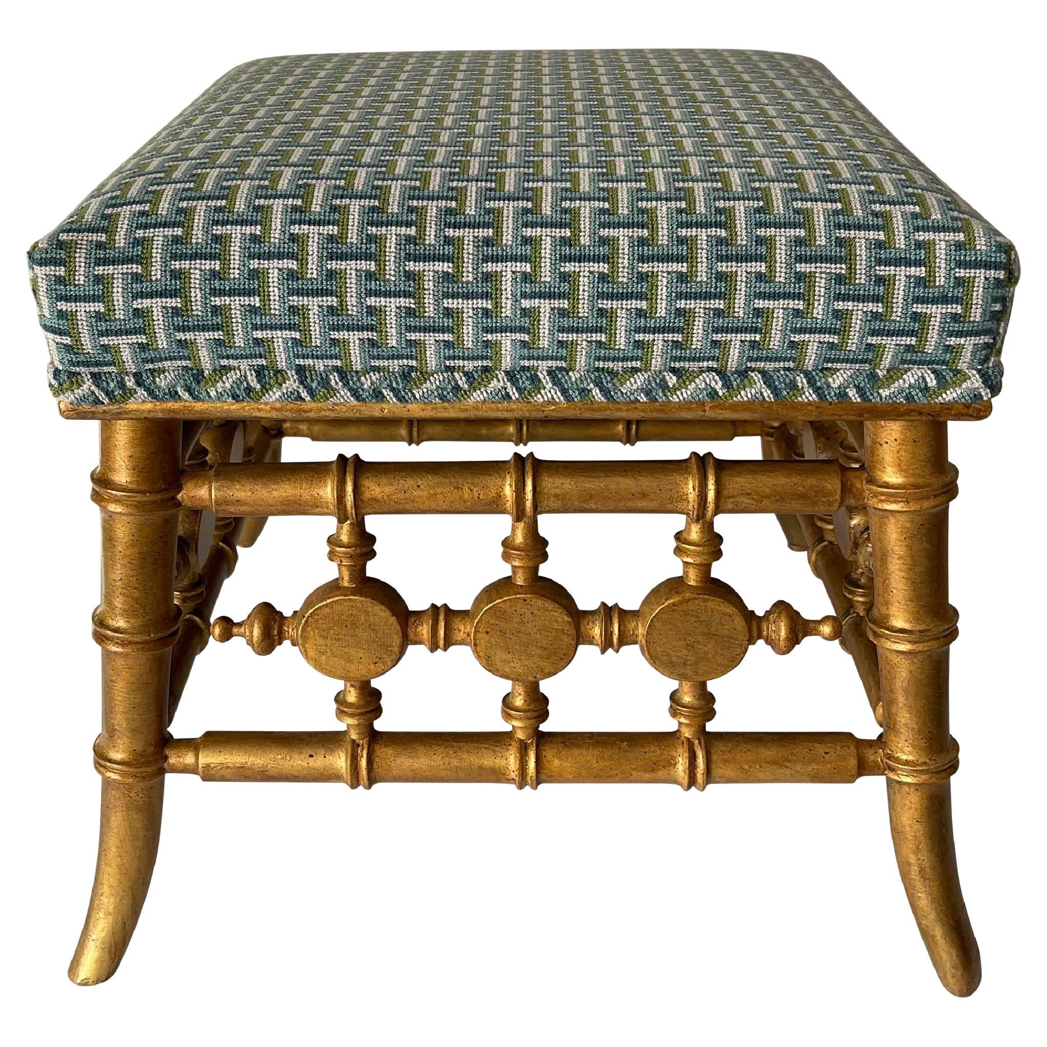 Antique Giltwood Faux Bamboo Stool Newly Upholstered For Sale