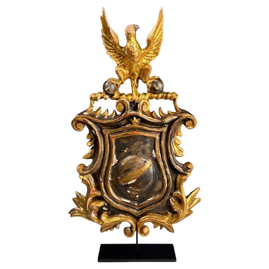 Antique Giltwood & Gesso Coat of Arms with Eagle – Hand-Carved Decorative Crest For Sale