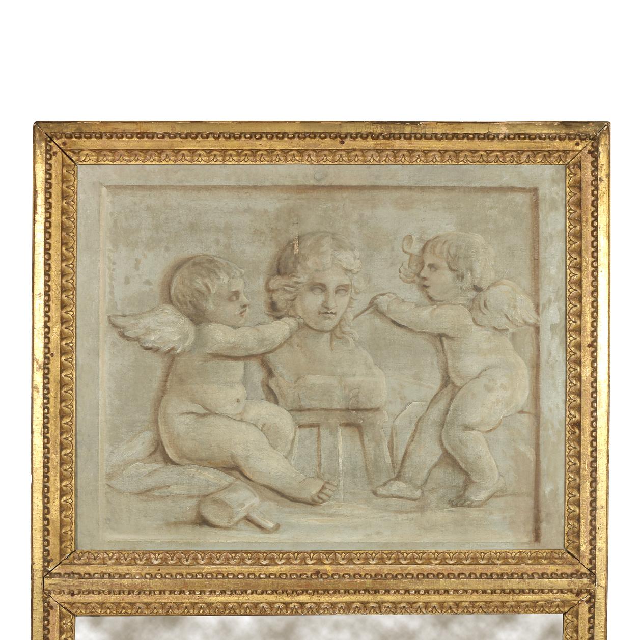 Antique giltwood Louis XVI style trumeau mirror depicting cherubs.