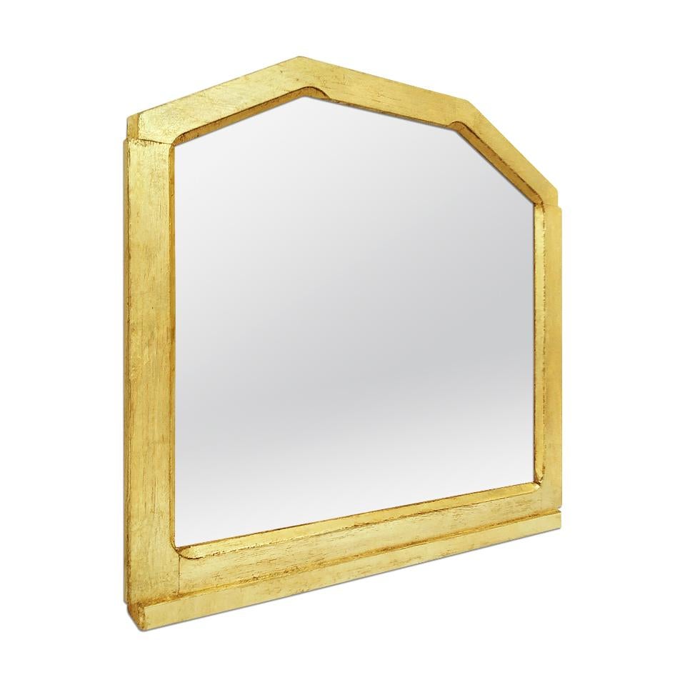 Antique wall mirror in gilded oakwood, geometric frame with 6 sides beveled inwards, France, circa 1950. Re-gilding to the leaf patinated. Modern glass mirror. Antique frame width: 5 cm / 1.96 in. Antique wood back.