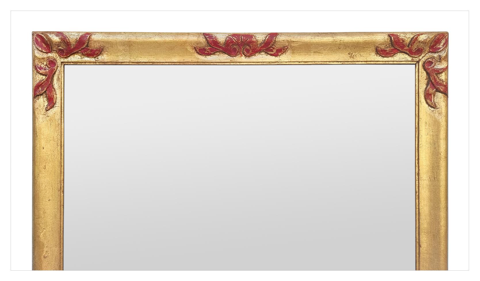 French Antique Giltwood Mirror Orned by Red Colored Carved Wood, circa 1930 For Sale