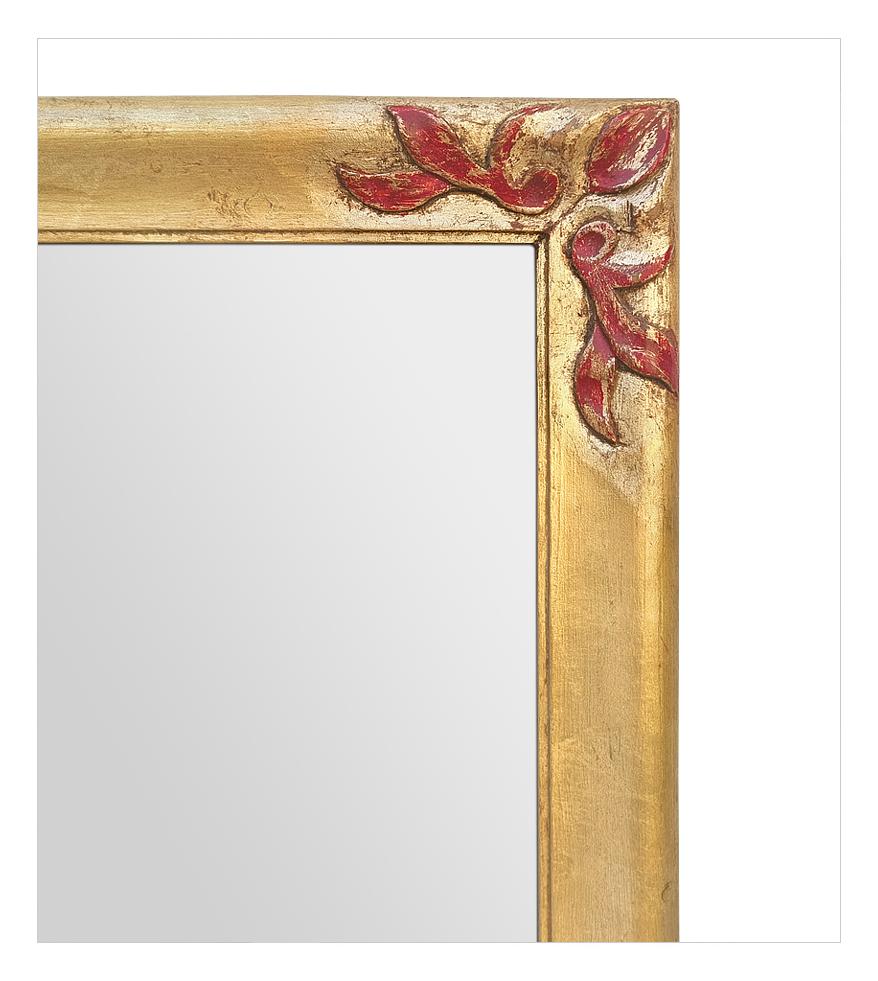 Antique Giltwood Mirror Orned by Red Colored Carved Wood, circa 1930 In Good Condition For Sale In Paris, FR