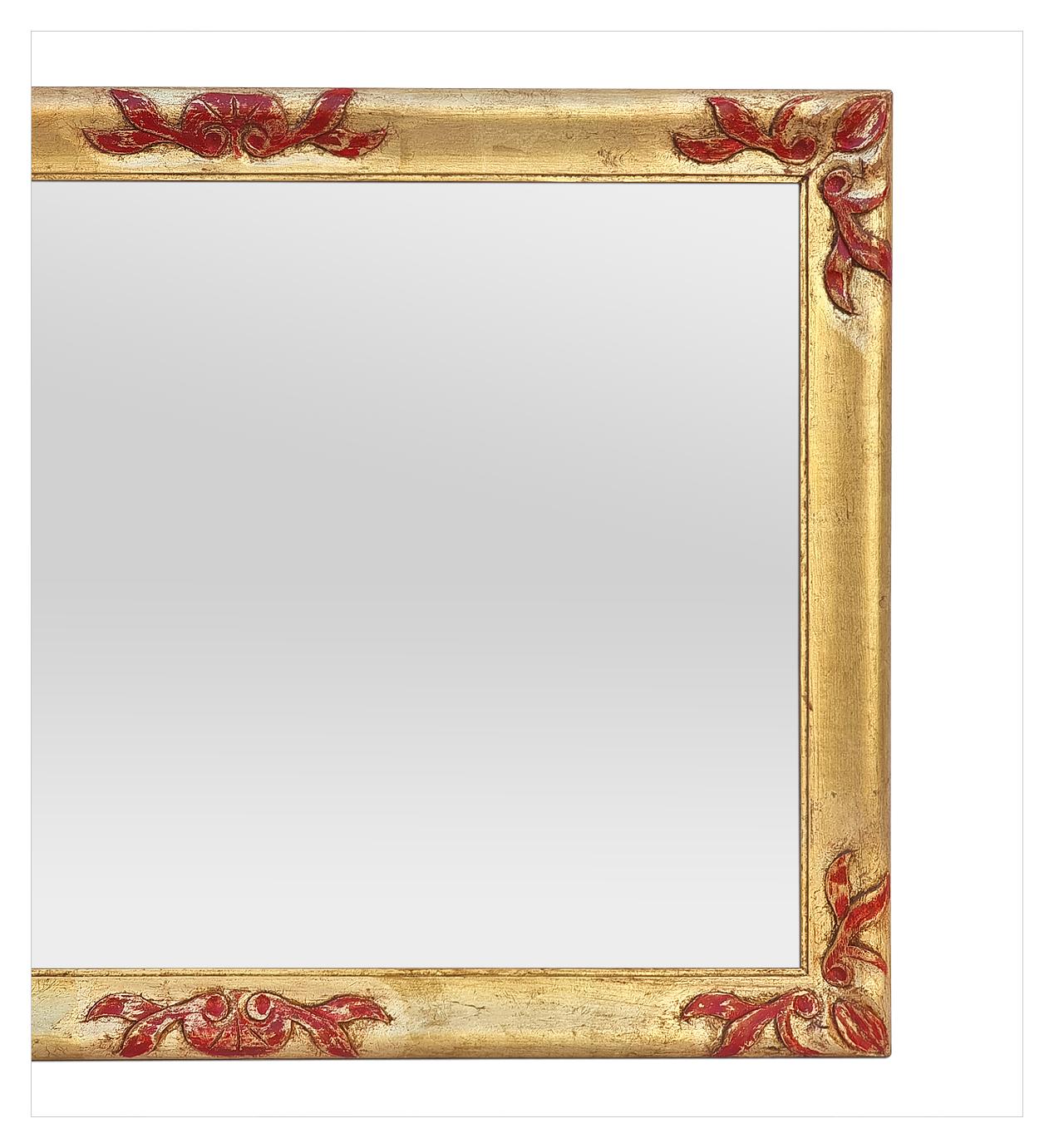 Antique Giltwood Mirror Orned by Red Colored Carved Wood, circa 1930 For Sale 1