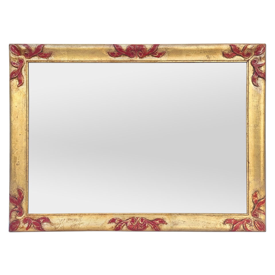 Antique Giltwood Mirror Orned by Red Colored Carved Wood, circa 1930
