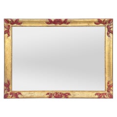 Vintage Giltwood Mirror Orned by Red Colored Carved Wood, circa 1930