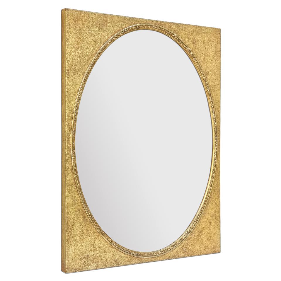 Antique giltwood French mirror with rectangular frame and oval shape mirror, circa 1890. Antique frame wood and stucco gilded to the patinated leaf. Decorated on the border of the oval frame with 