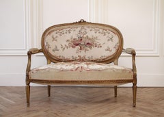 Antique Giltwood Ribbon Carved Louis XVI Style Settee with Needlepoint