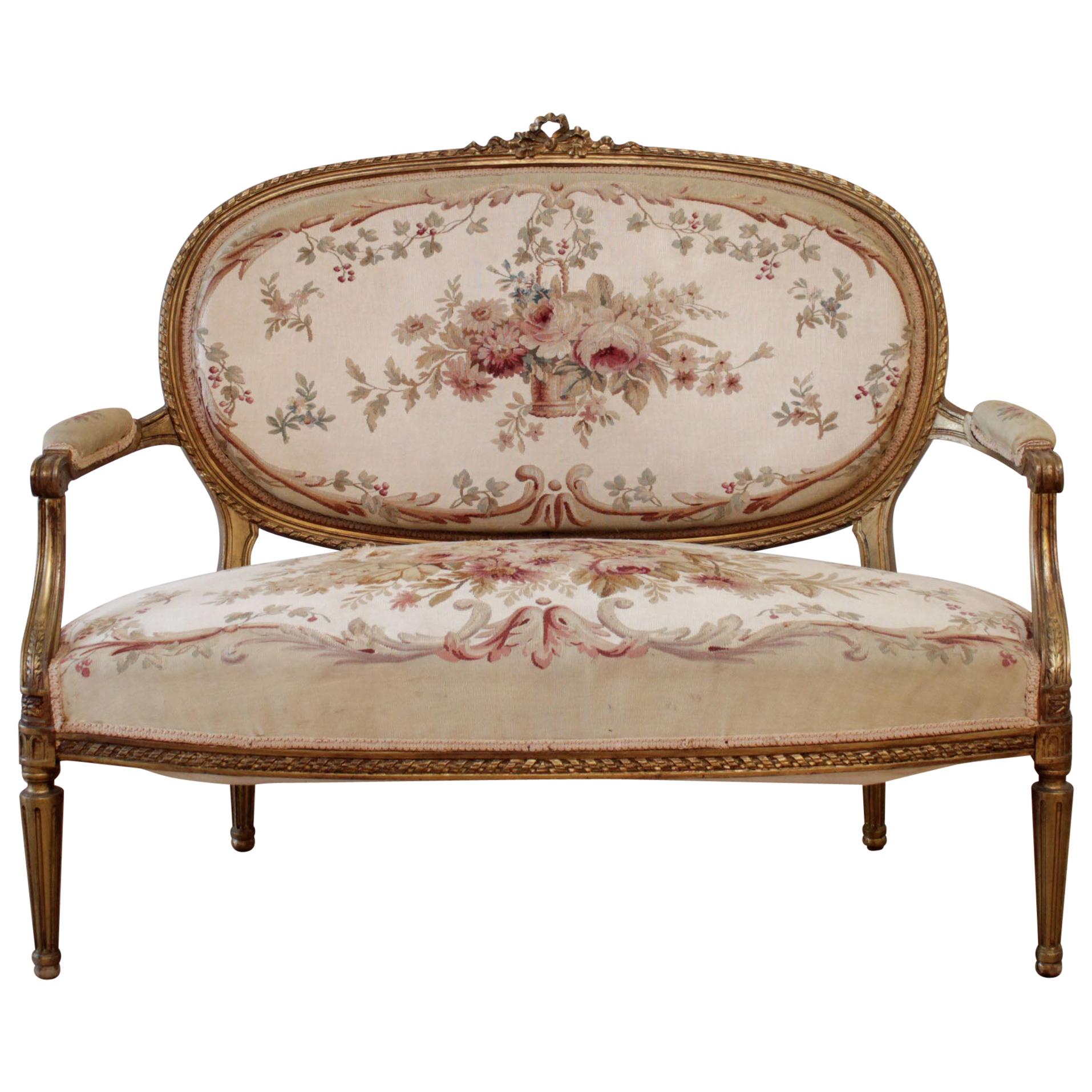 Antique Giltwood Ribbon Carved Louis XVI Style Settee with Needlepoint