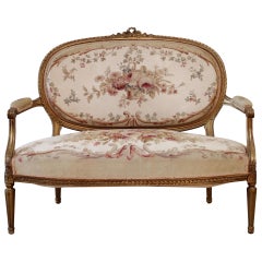 Antique Giltwood Ribbon Carved Louis XVI Style Settee with Needlepoint