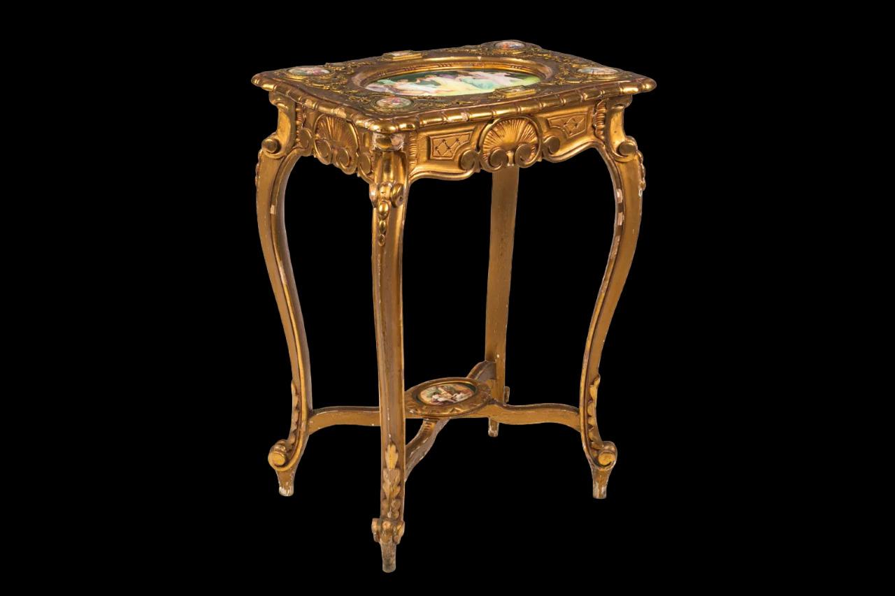 Art Nouveau Antique Giltwood table with refined Vienna porcelain stamped plaques. For Sale
