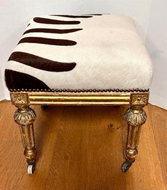 Antique Giltwood Zebra Print Cowhide Upholstered Stool