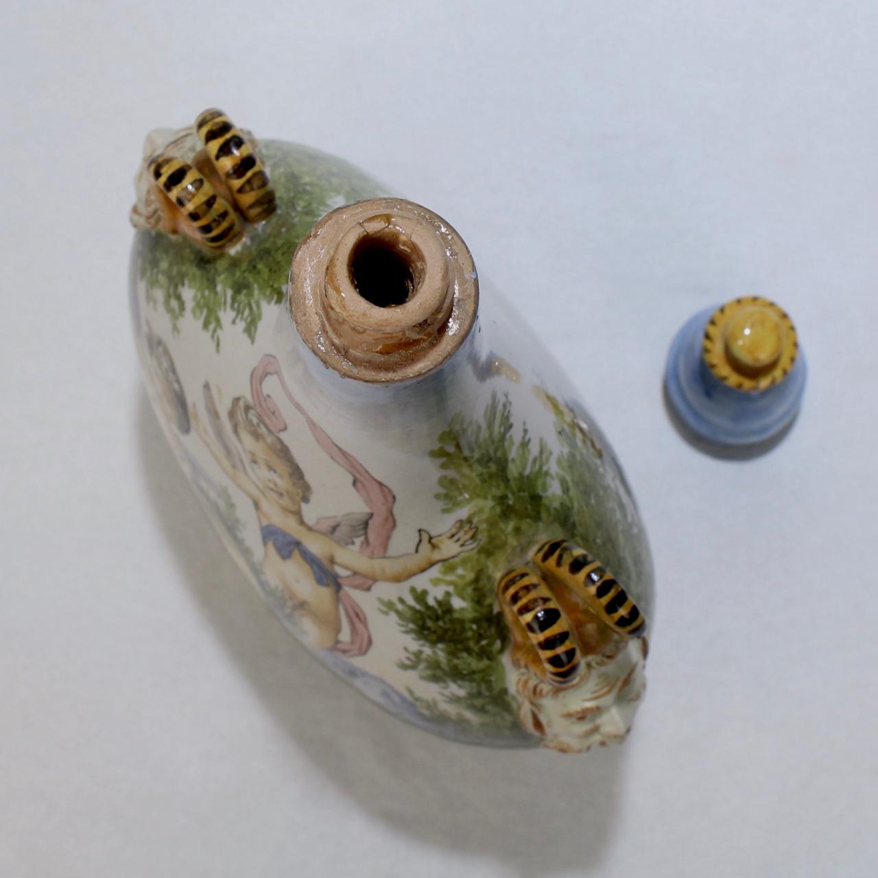 Antique Ginori Istoriato Style Italian Maiolica Pottery Pilgrim Flask & Stopper For Sale 8