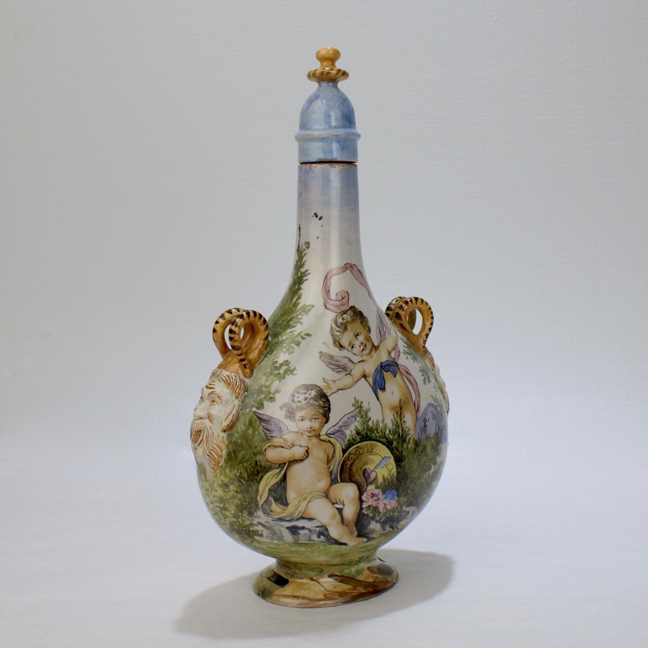 Antique Ginori Istoriato Style Italian Maiolica Pottery Pilgrim Flask & Stopper In Fair Condition For Sale In Philadelphia, PA