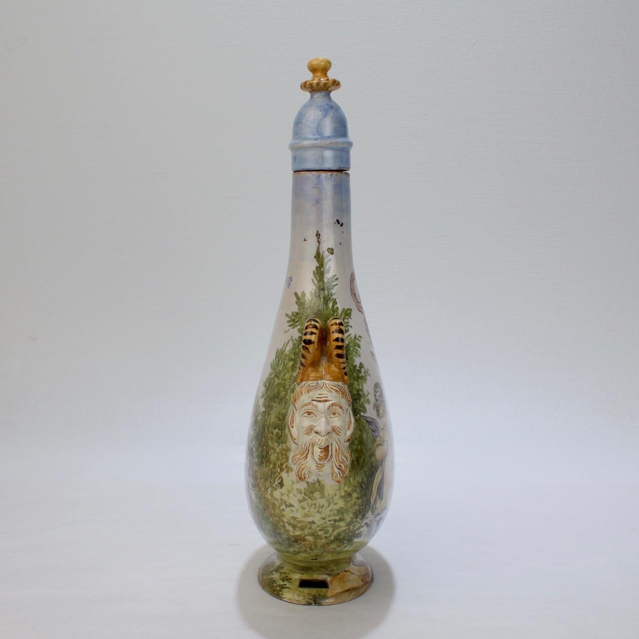 19th Century Antique Ginori Istoriato Style Italian Maiolica Pottery Pilgrim Flask & Stopper For Sale