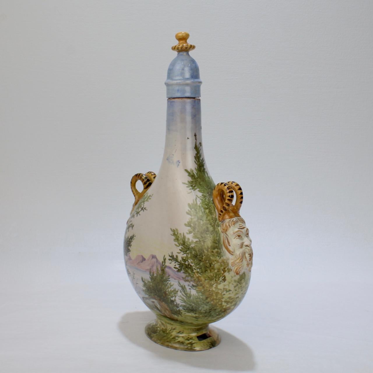 Antique Ginori Istoriato Style Italian Maiolica Pottery Pilgrim Flask & Stopper For Sale 1