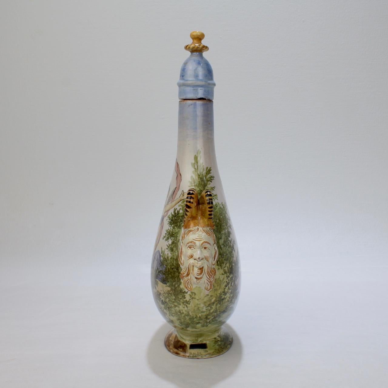 Antique Ginori Istoriato Style Italian Maiolica Pottery Pilgrim Flask & Stopper For Sale 2