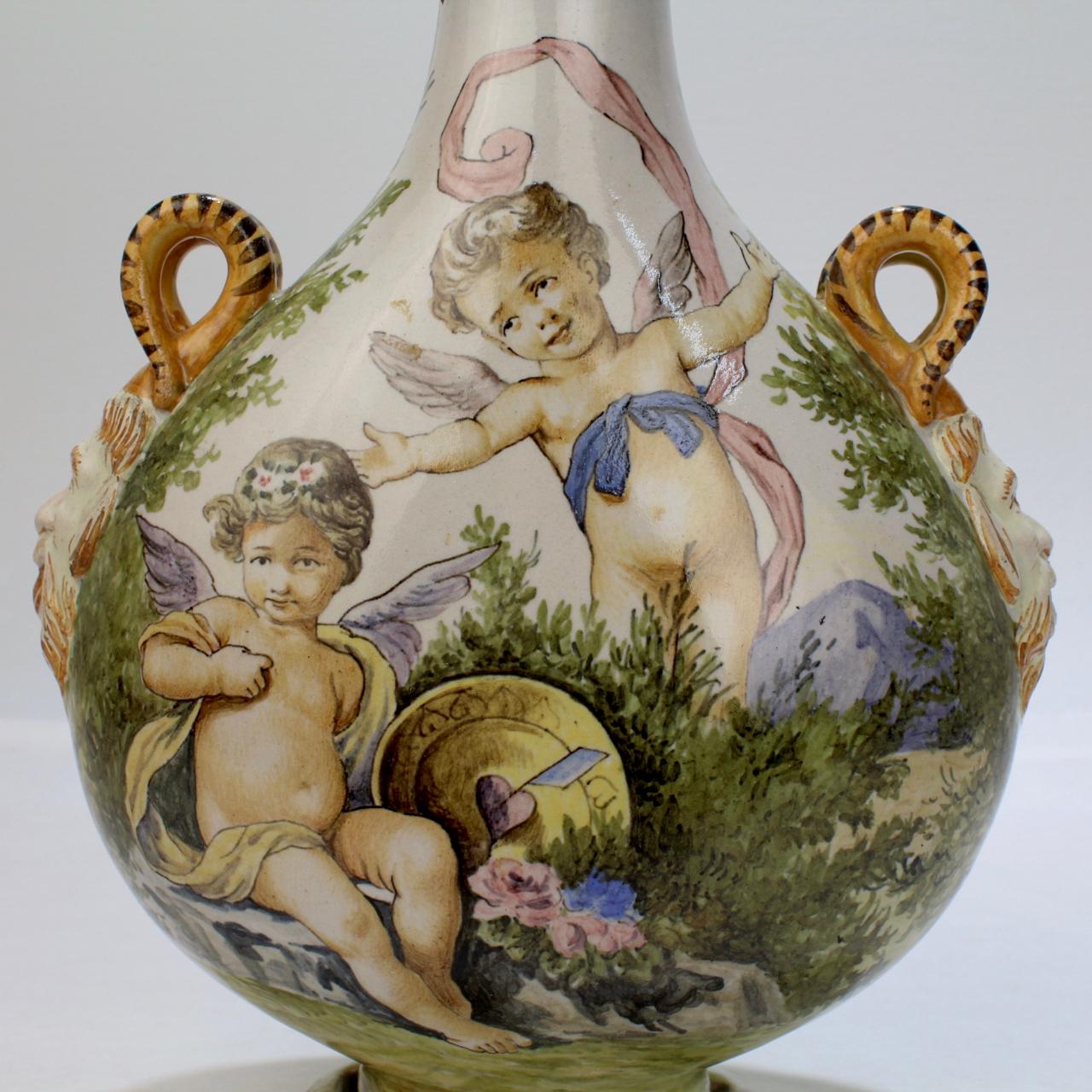 Antique Ginori Istoriato Style Italian Maiolica Pottery Pilgrim Flask & Stopper For Sale 3